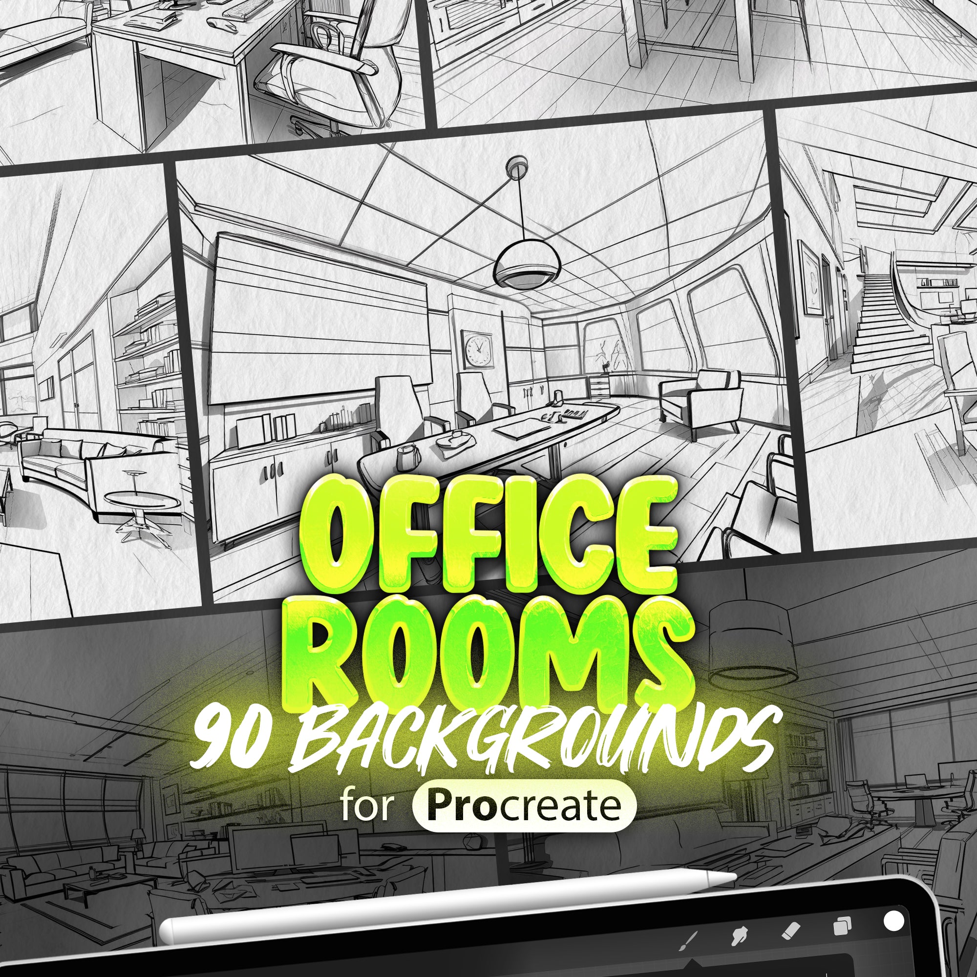 90 Procreate Office Room Background Brushes