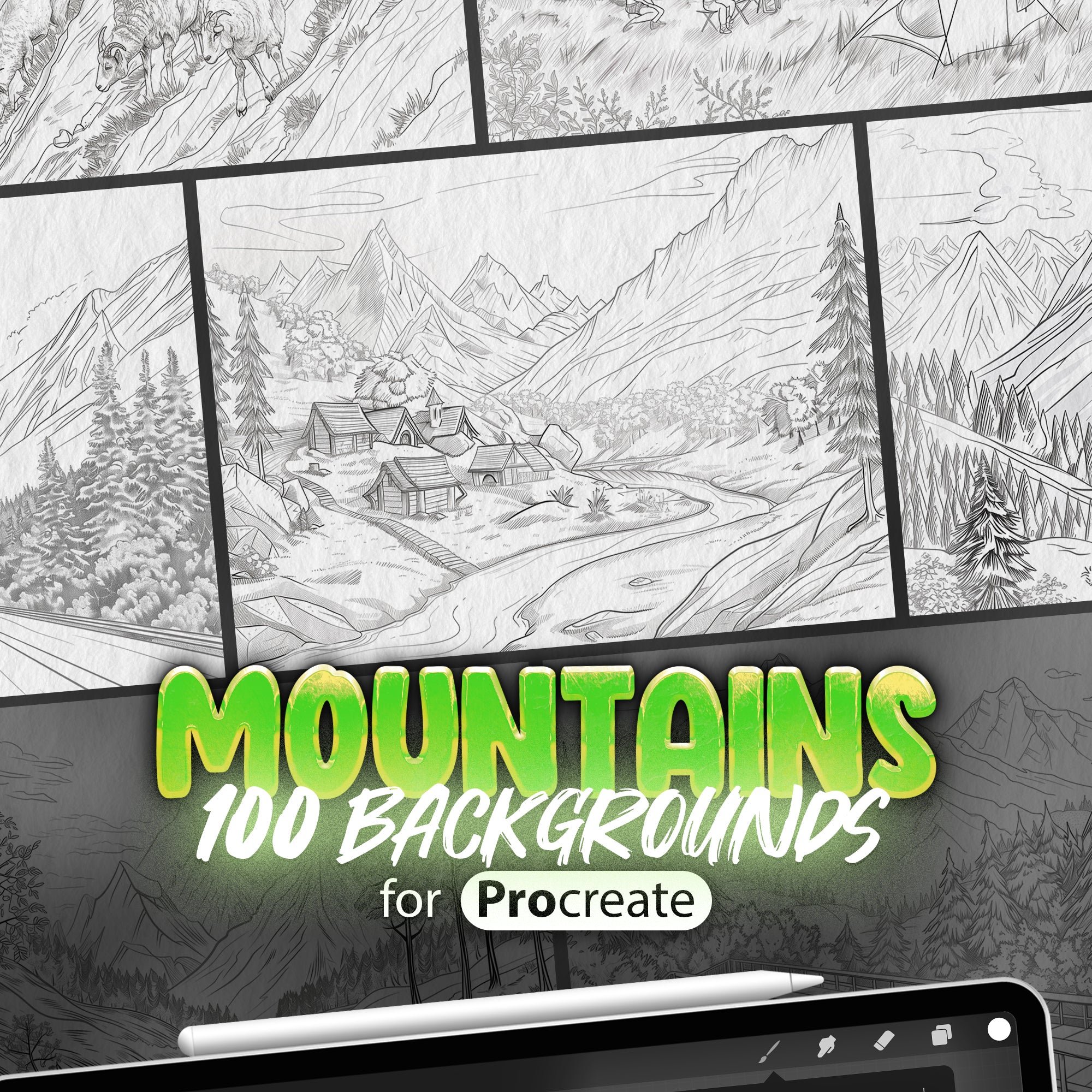 100 Procreate Mountains Backgrounds Brushes