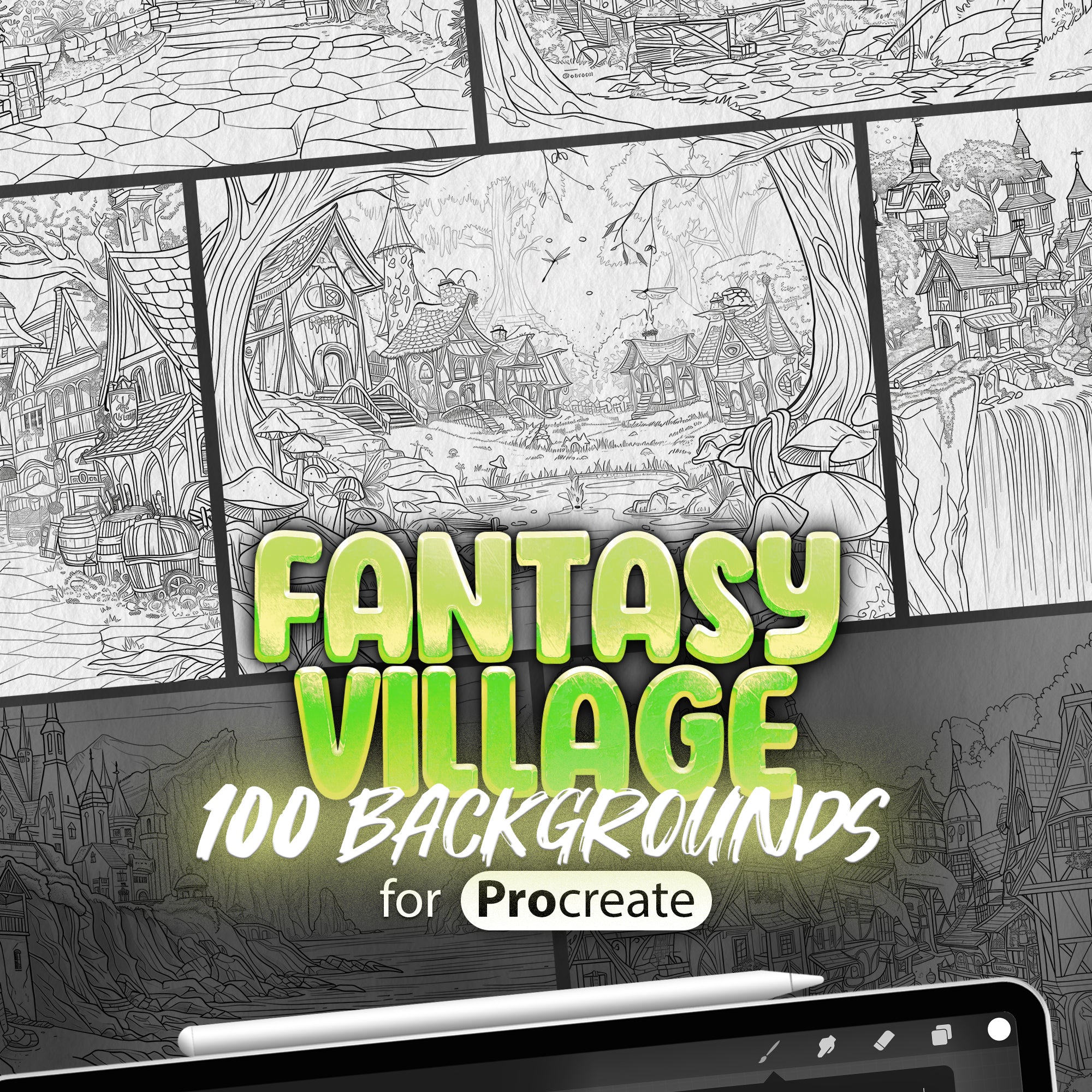 100 Procreate Fantasy Village Backgrounds