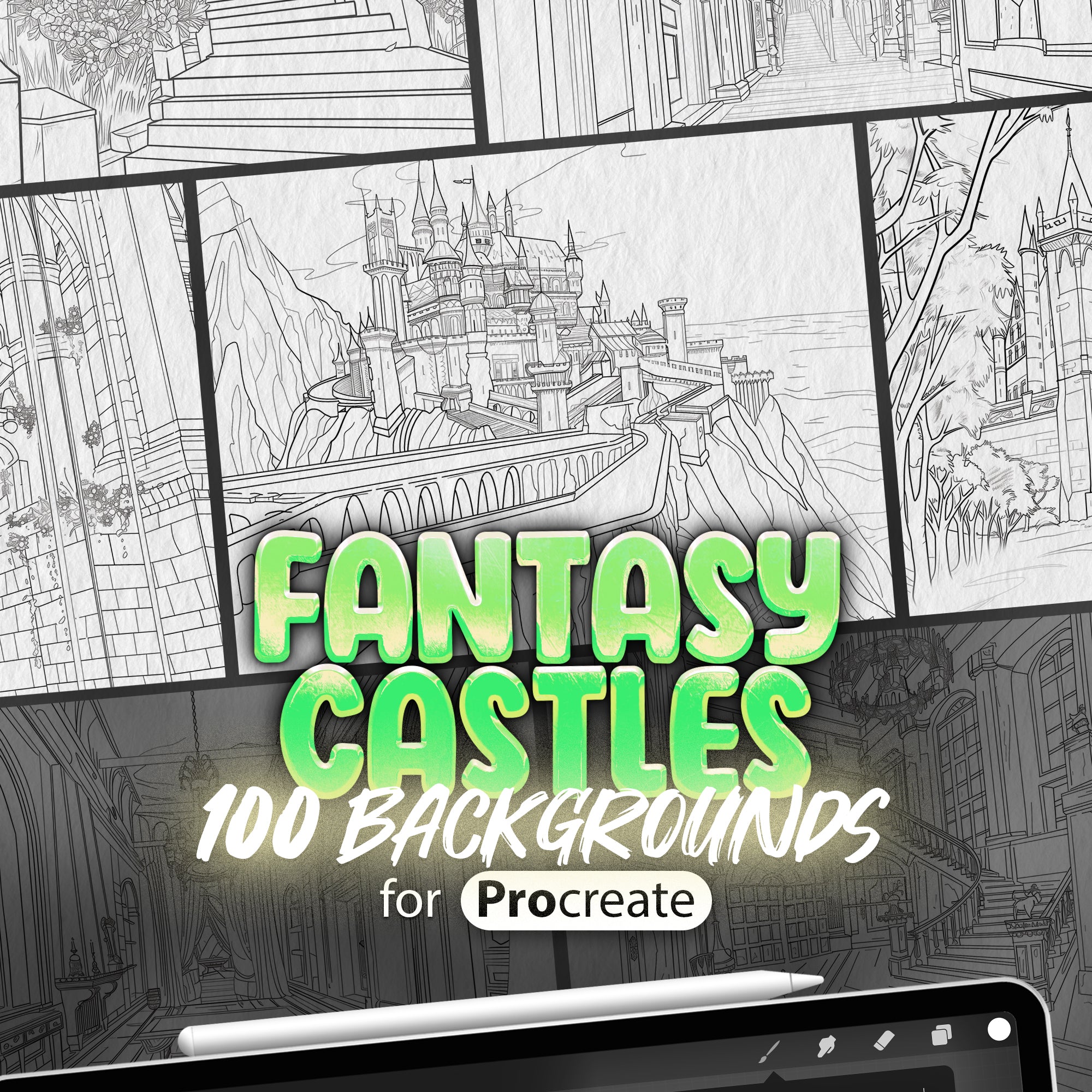 100 Procreate Fantasy Castles Backgrounds Stamps, Procreate Castle Rooms Stamps Brushes, Procreate Fairytale Palace, Procreate Citadel