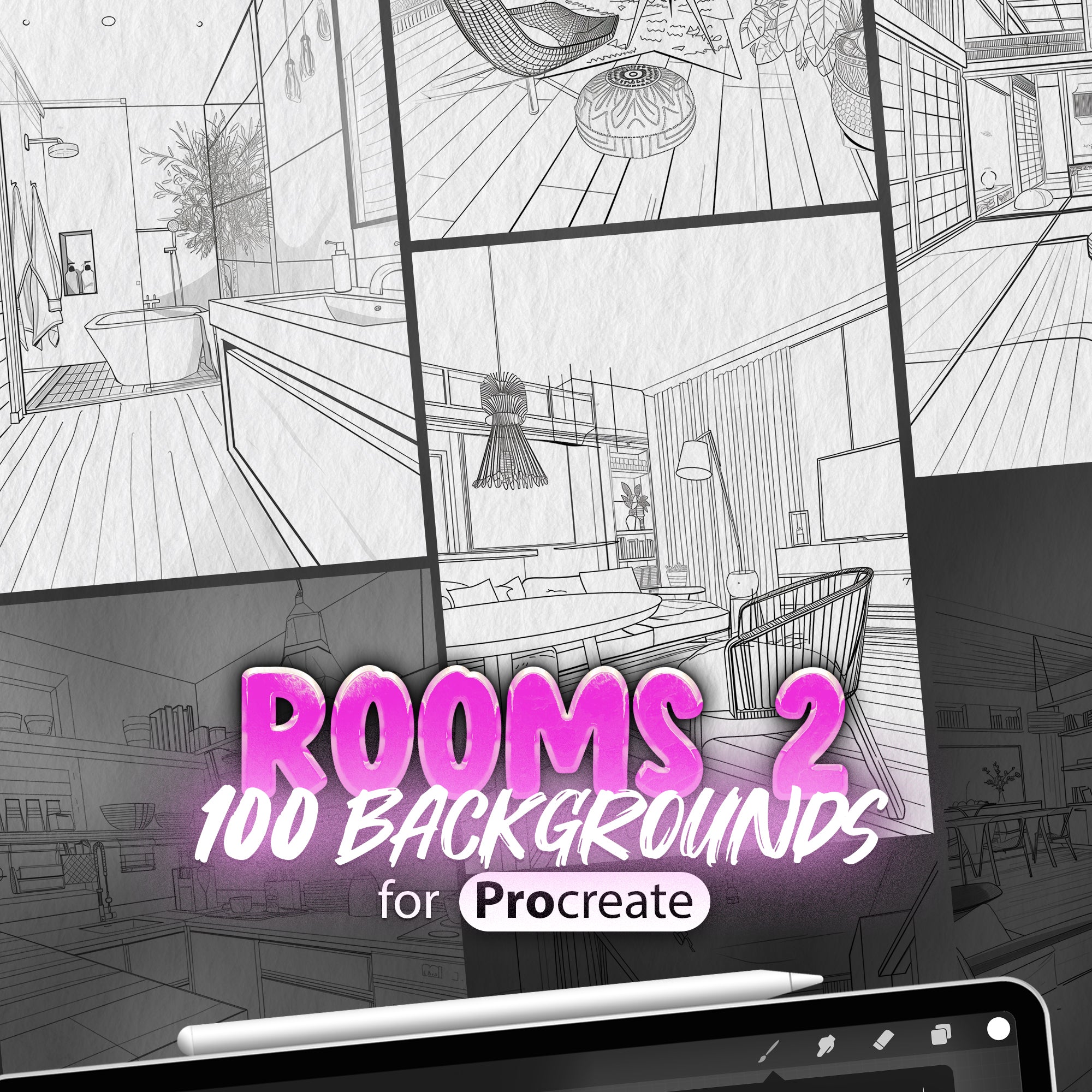 100 Procreate Rooms 2 Backgrounds Brushes