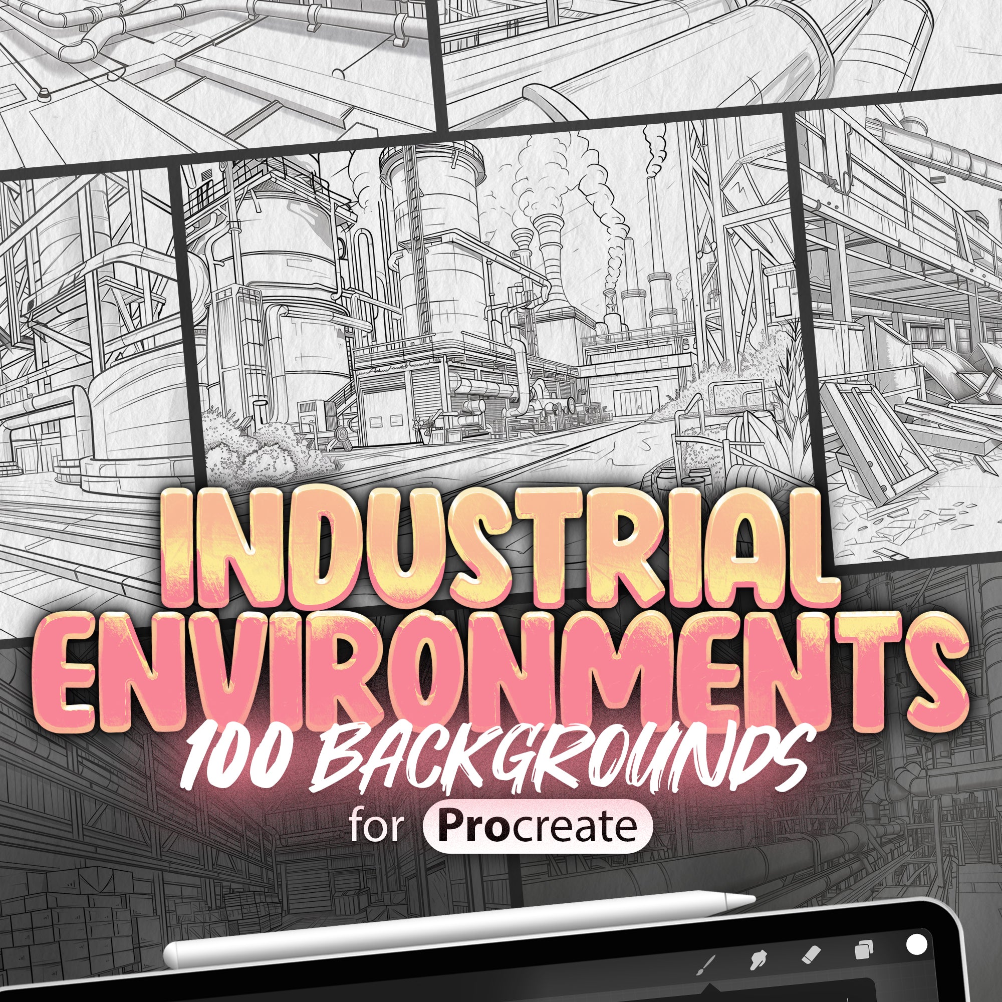 100 Procreate Industrial Environments Backgrounds, Procreate Abandoned Factories Backgrounds Stamps, Procreate Constructions Sites Stamps