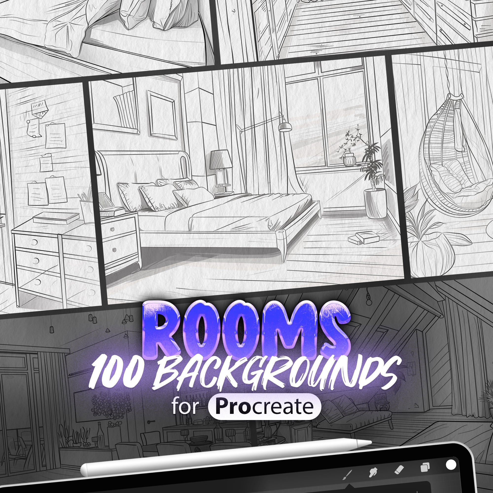 100 Procreate Rooms Backgrounds Brushes