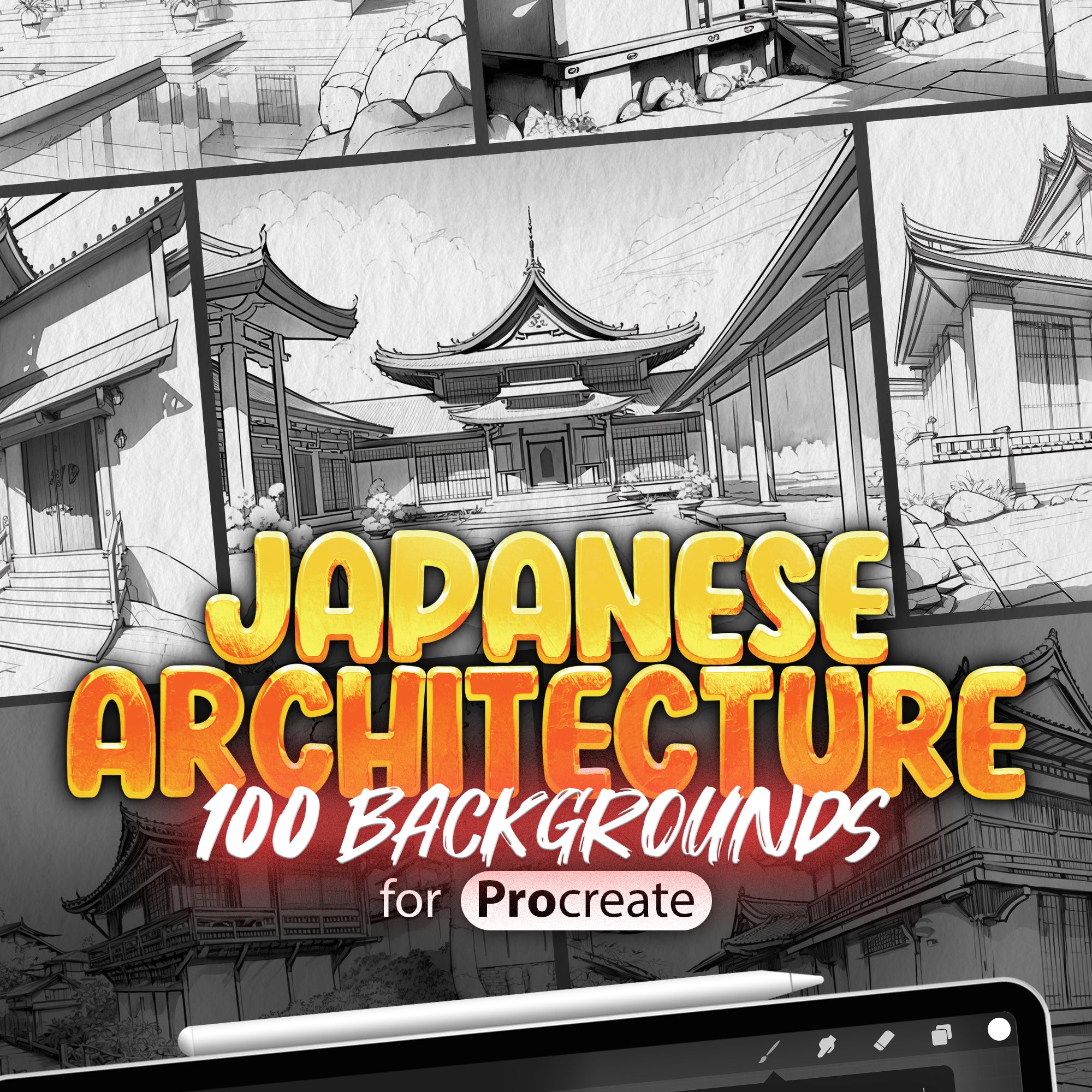 100 Procreate Traditional Japanese Architecture Building Backgrounds Brushes