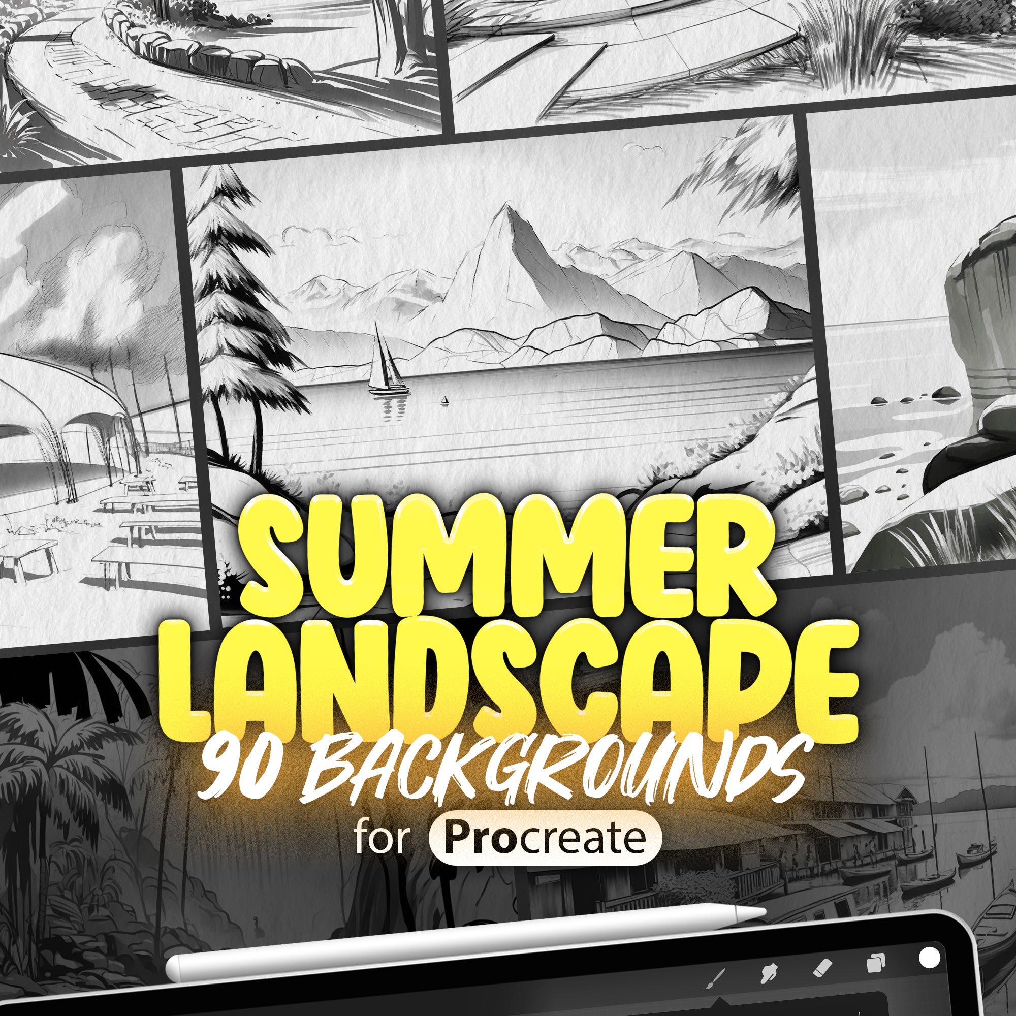 90 Procreate Summer Landscape Background, Procreate Summer Vacation Drawing Guides, Procreate Summer Mood Stamp, Summer Nature Sketches
