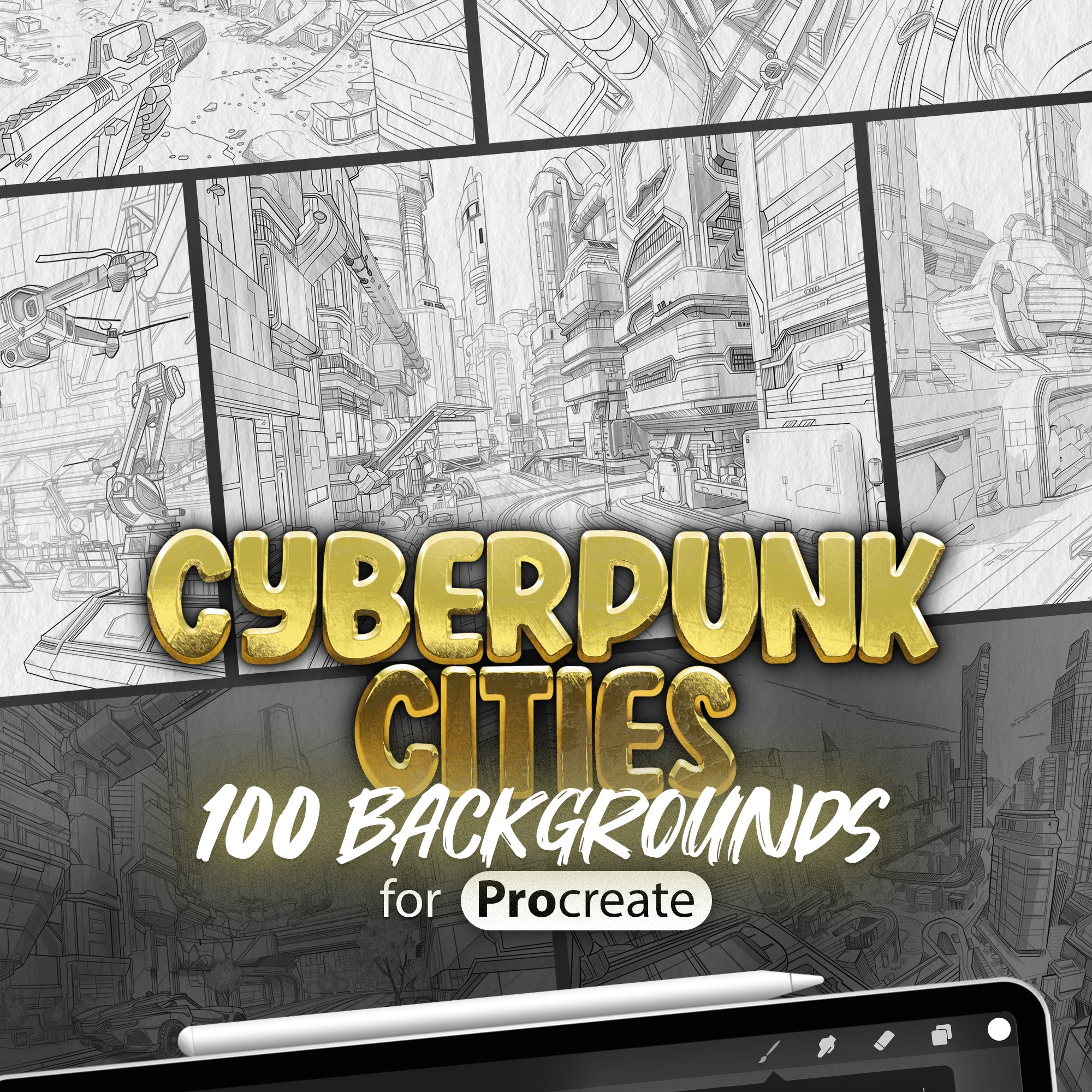 100 Procreate Cyberpunk Cities Backgrounds Brushes