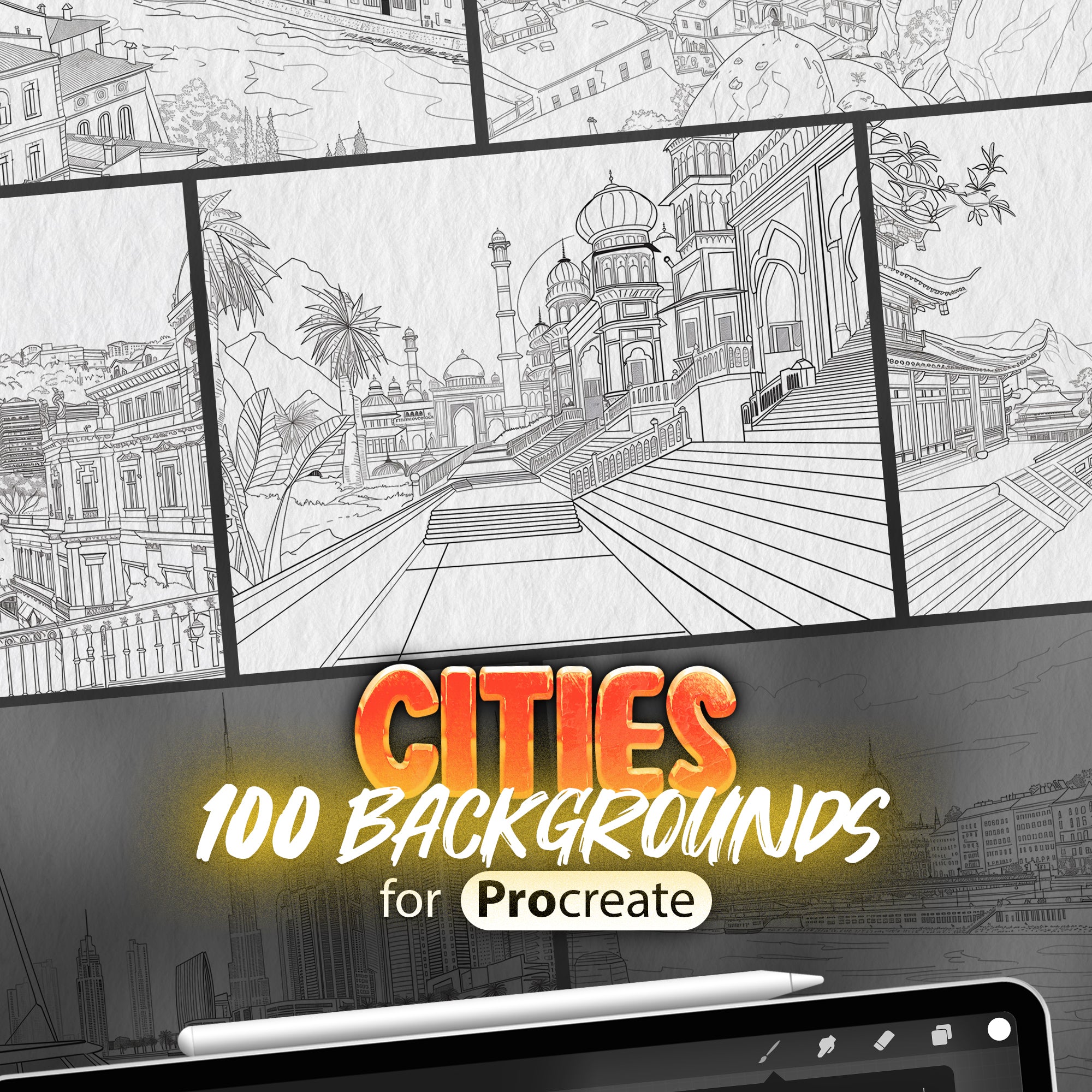 100 Procreate Cities Backgrounds Brushes