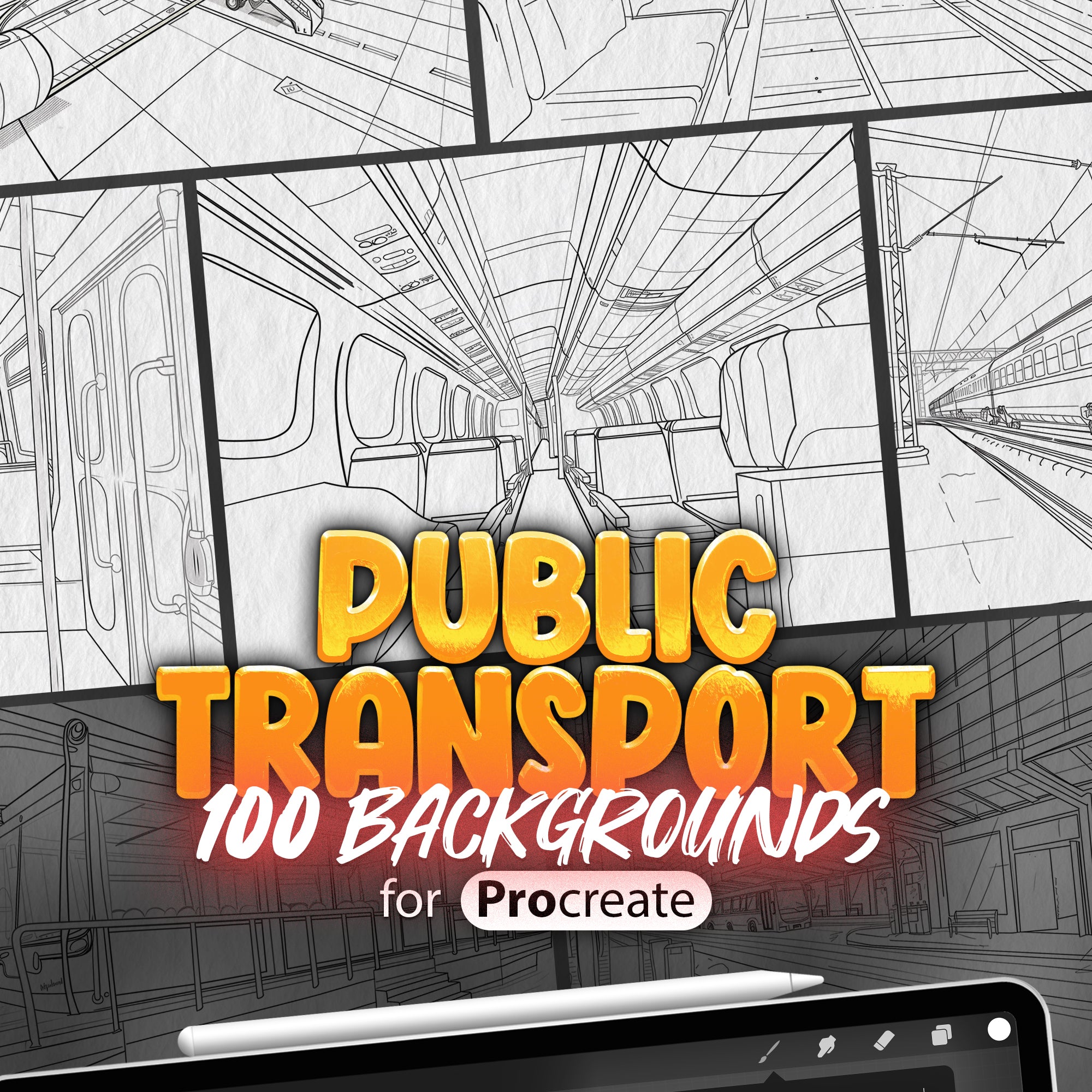 100 Procreate Public Transport Stamps, Procreate Public Transport Backgrounds, Procreate Bus Station, Procreate Railway Station Train