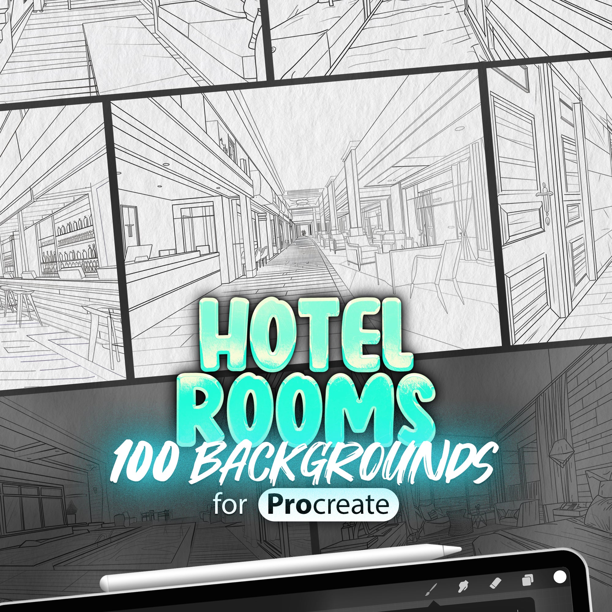 100 Procreate Hotel Rooms Backgrounds Brushes