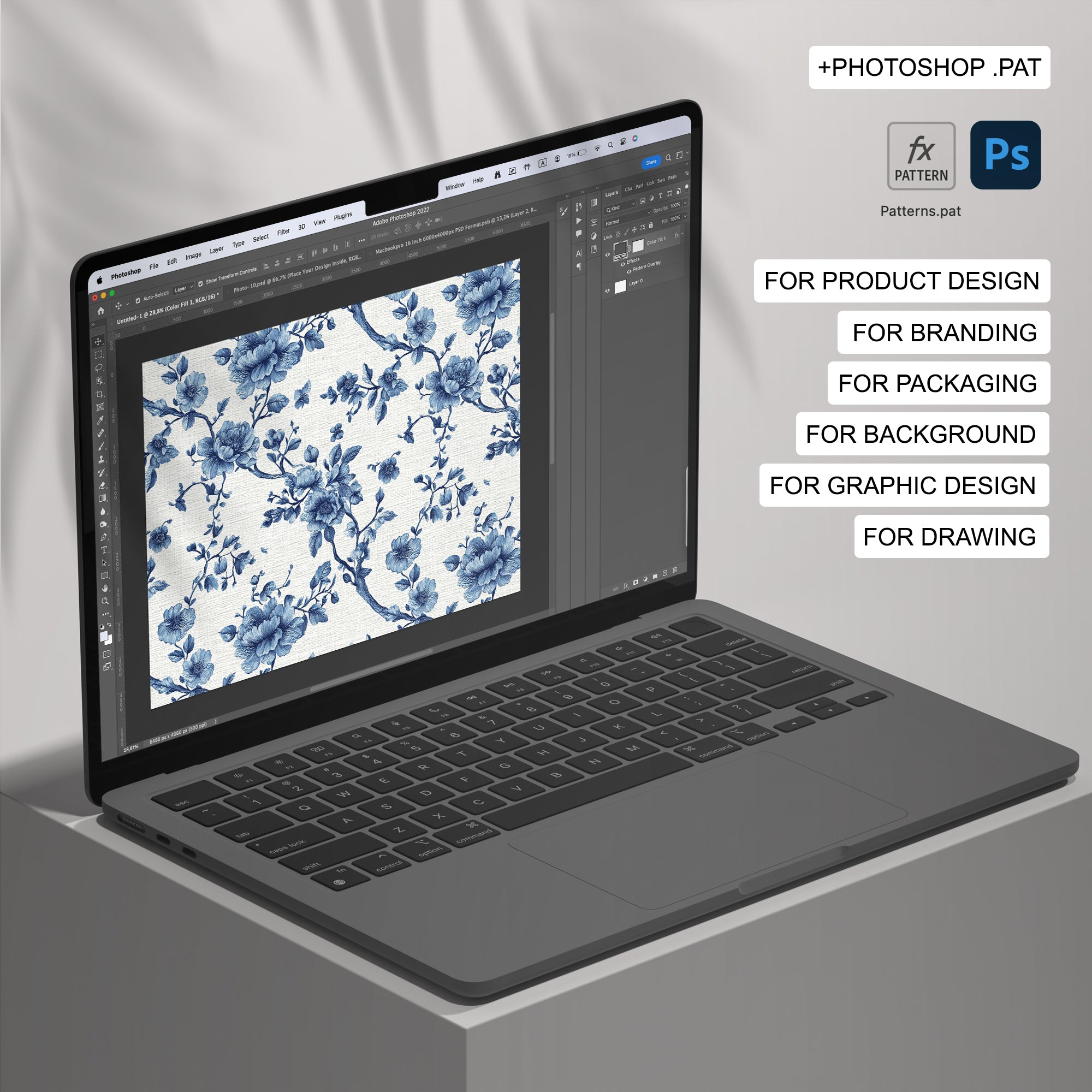 32 French Blue Floral Toile de Jouy Seamless Pattern