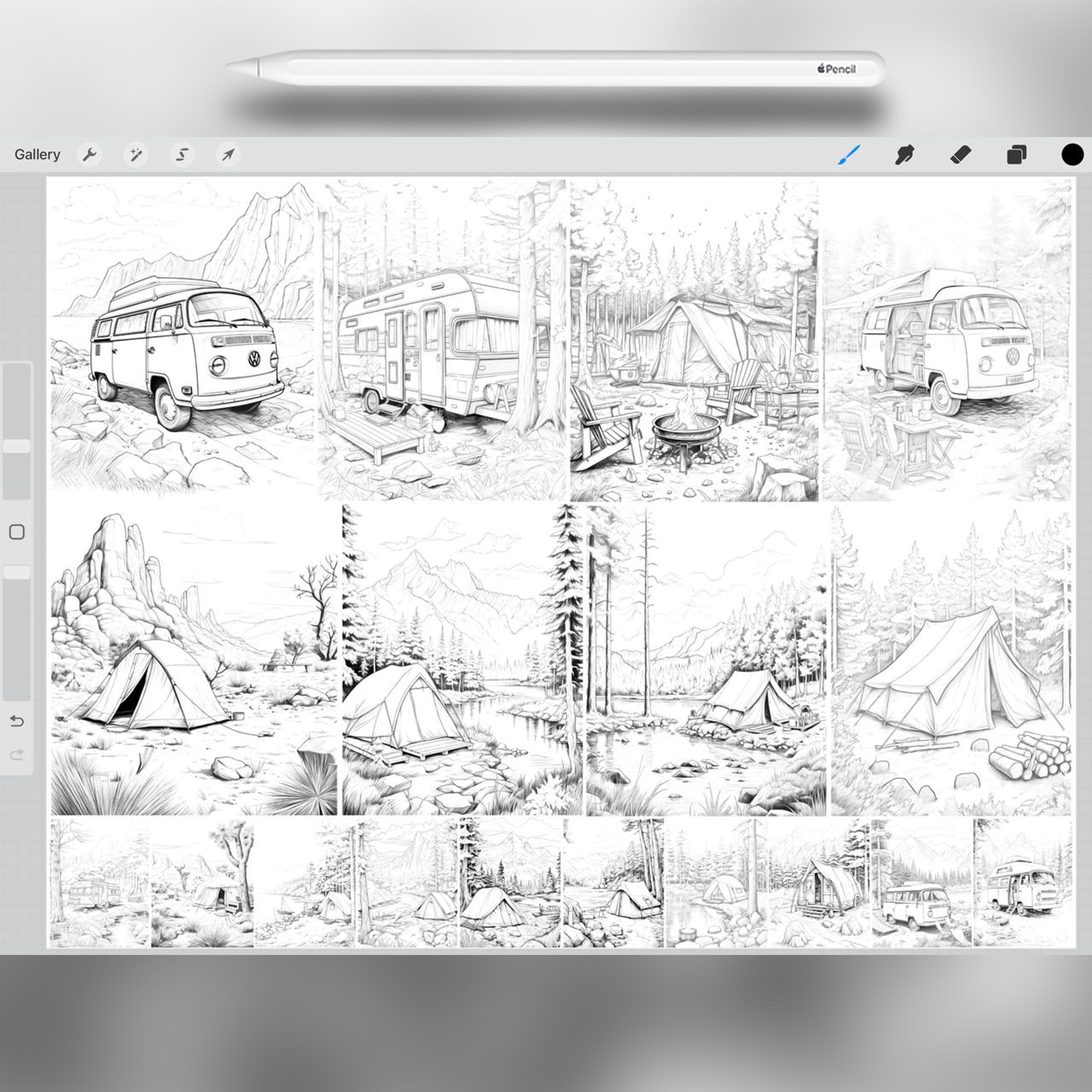 60 Camping Stamp Brushes for Procreate and Photoshop