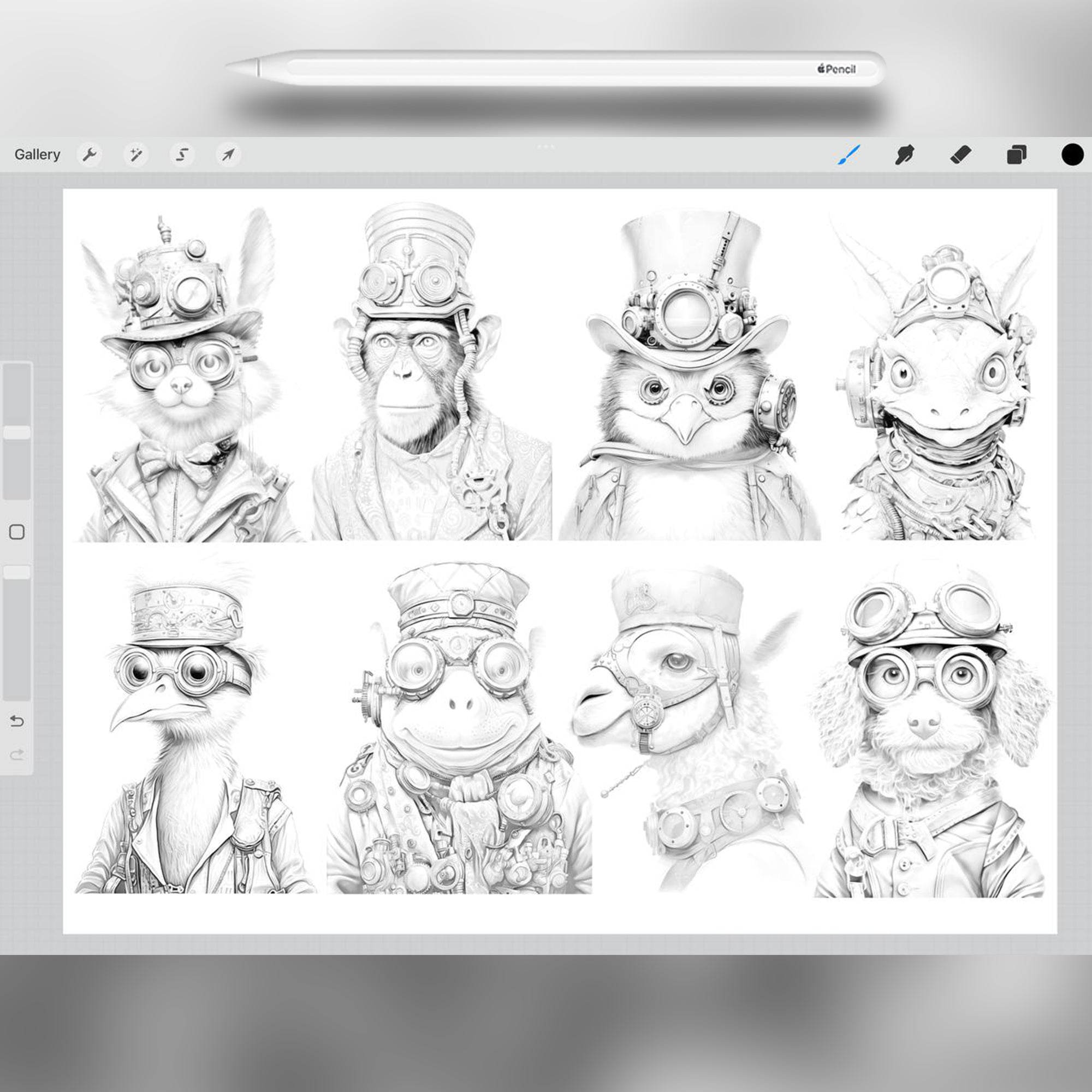 60 Steampunk Animals Brushes for Procreate and Photoshop