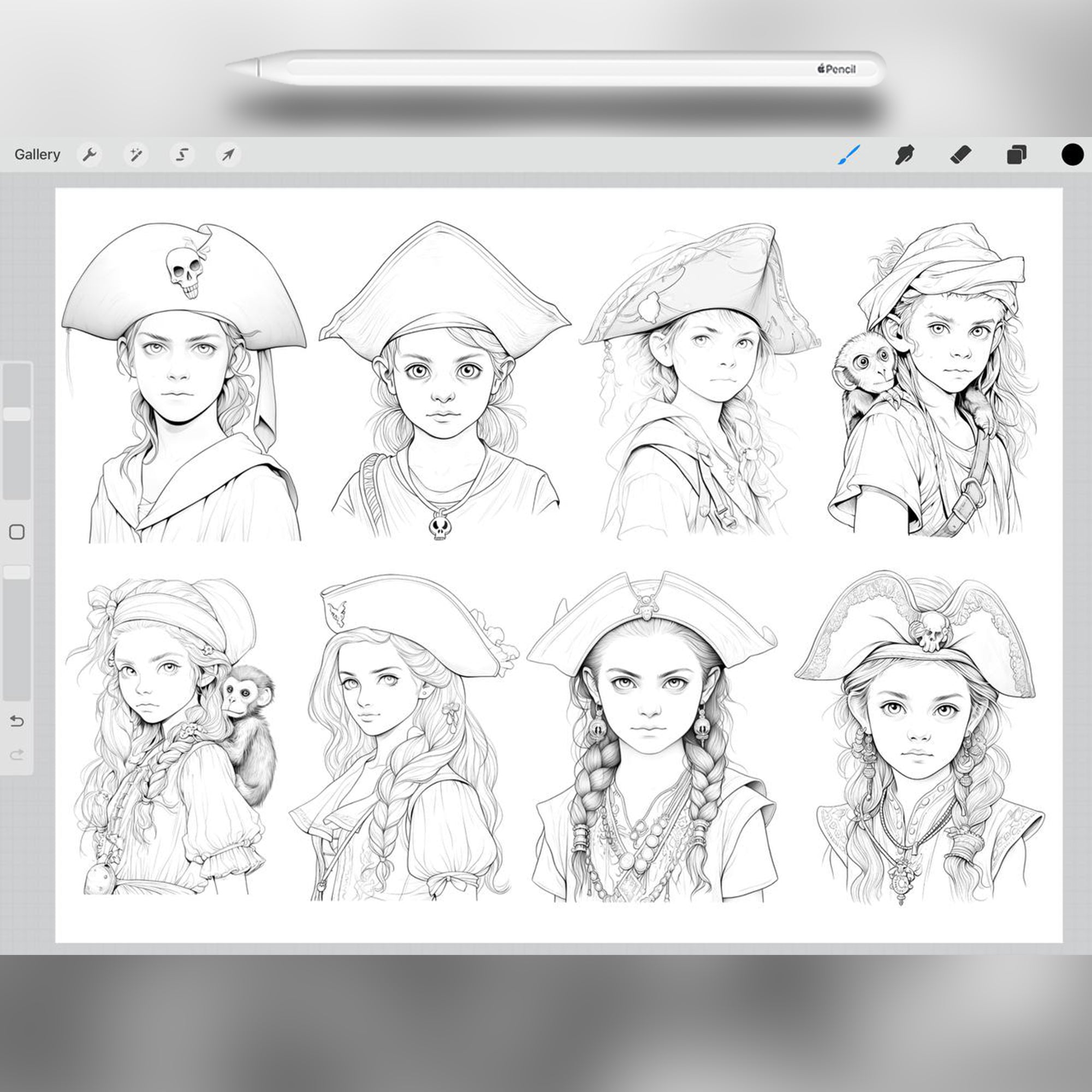 100 Pirate Kids Stamp Brushes for Procreate and Photoshop