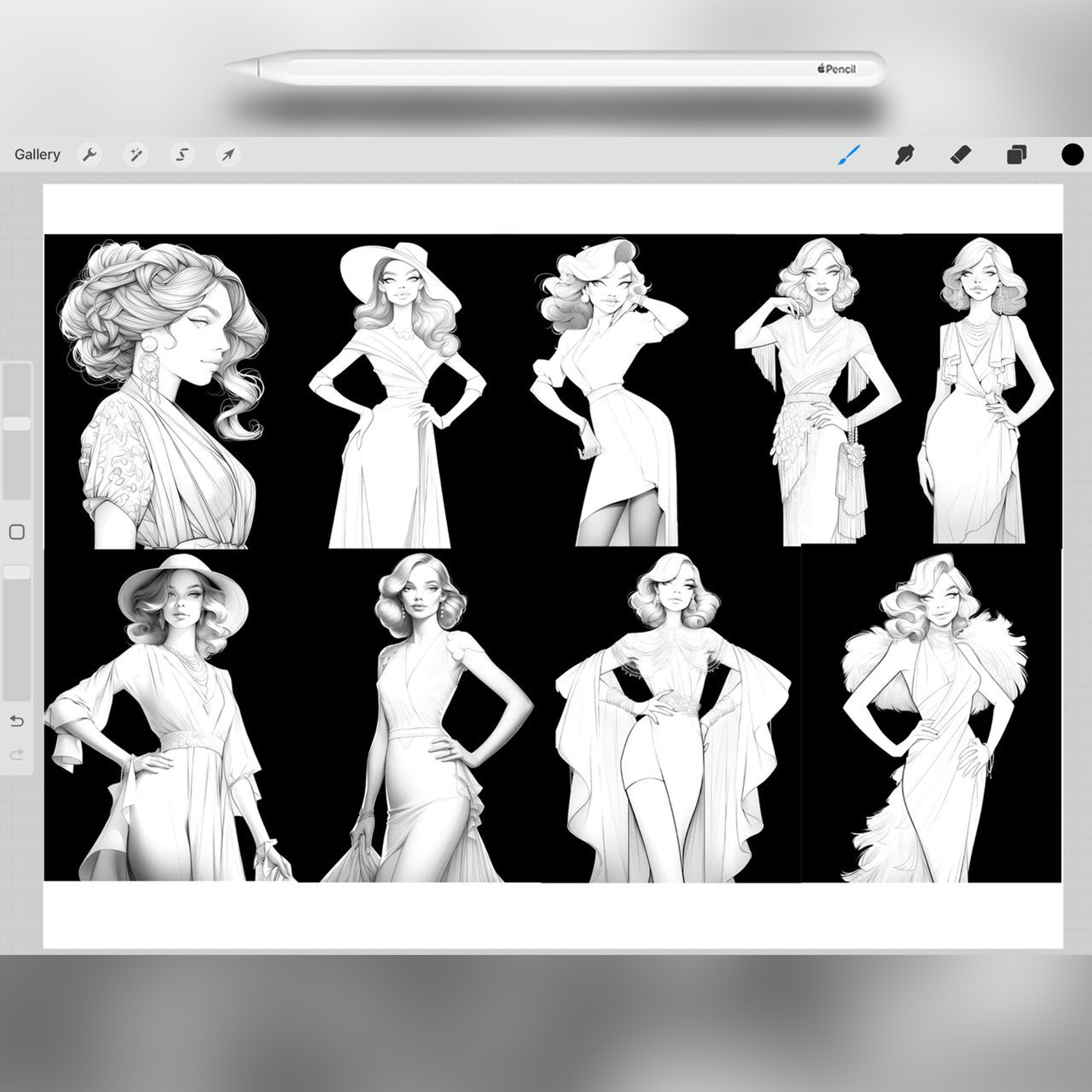 60 Gatsby Fashion Style Girls Procreate Stamp Brushes