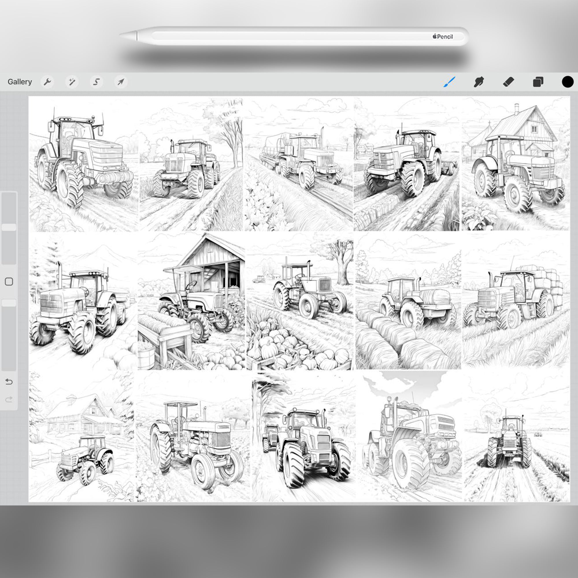60 Tractor Time Stamp Brushes for Procreate and Photoshop