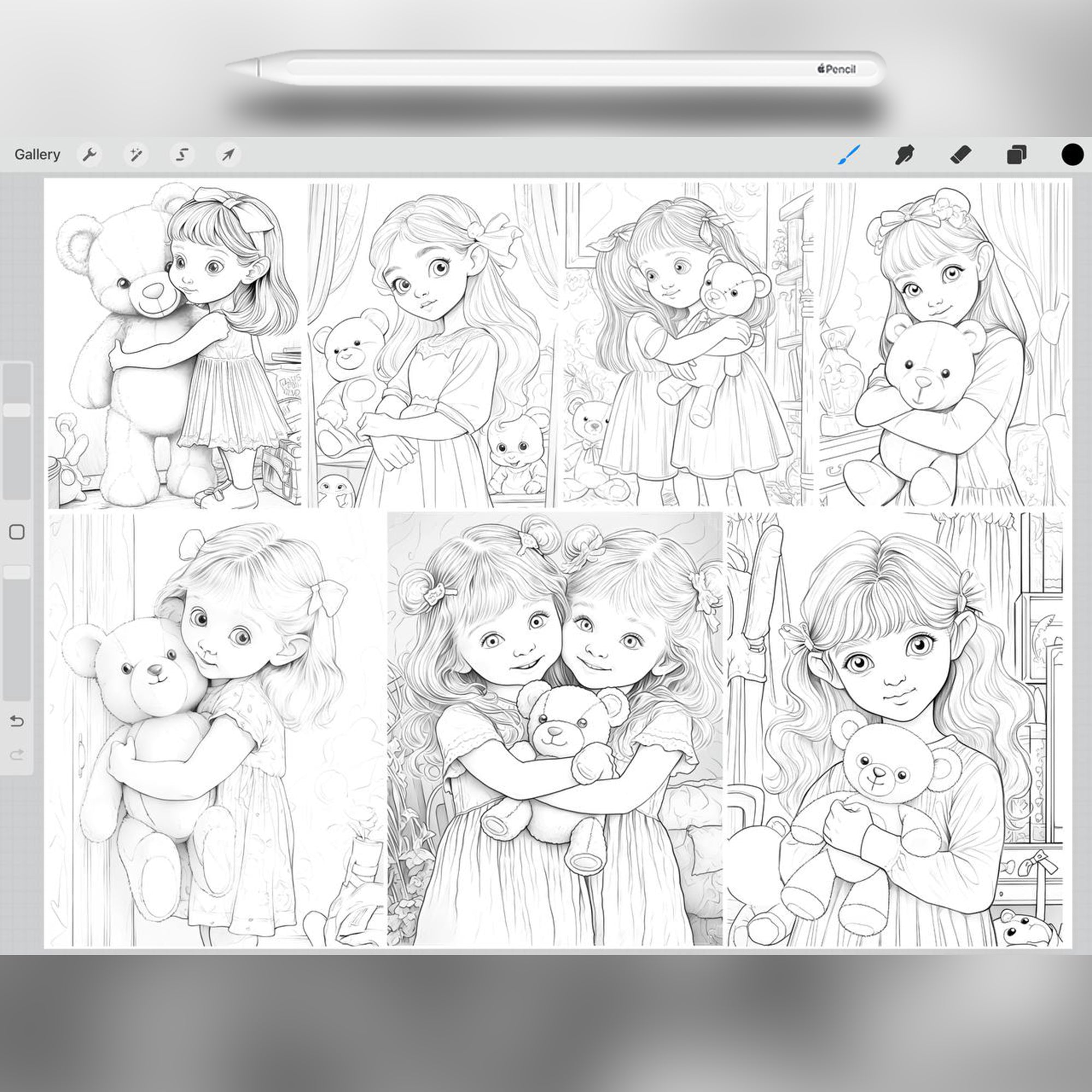 50 Little Girls with Teddy Bears Stamp Brushes for Procreate and Photoshop