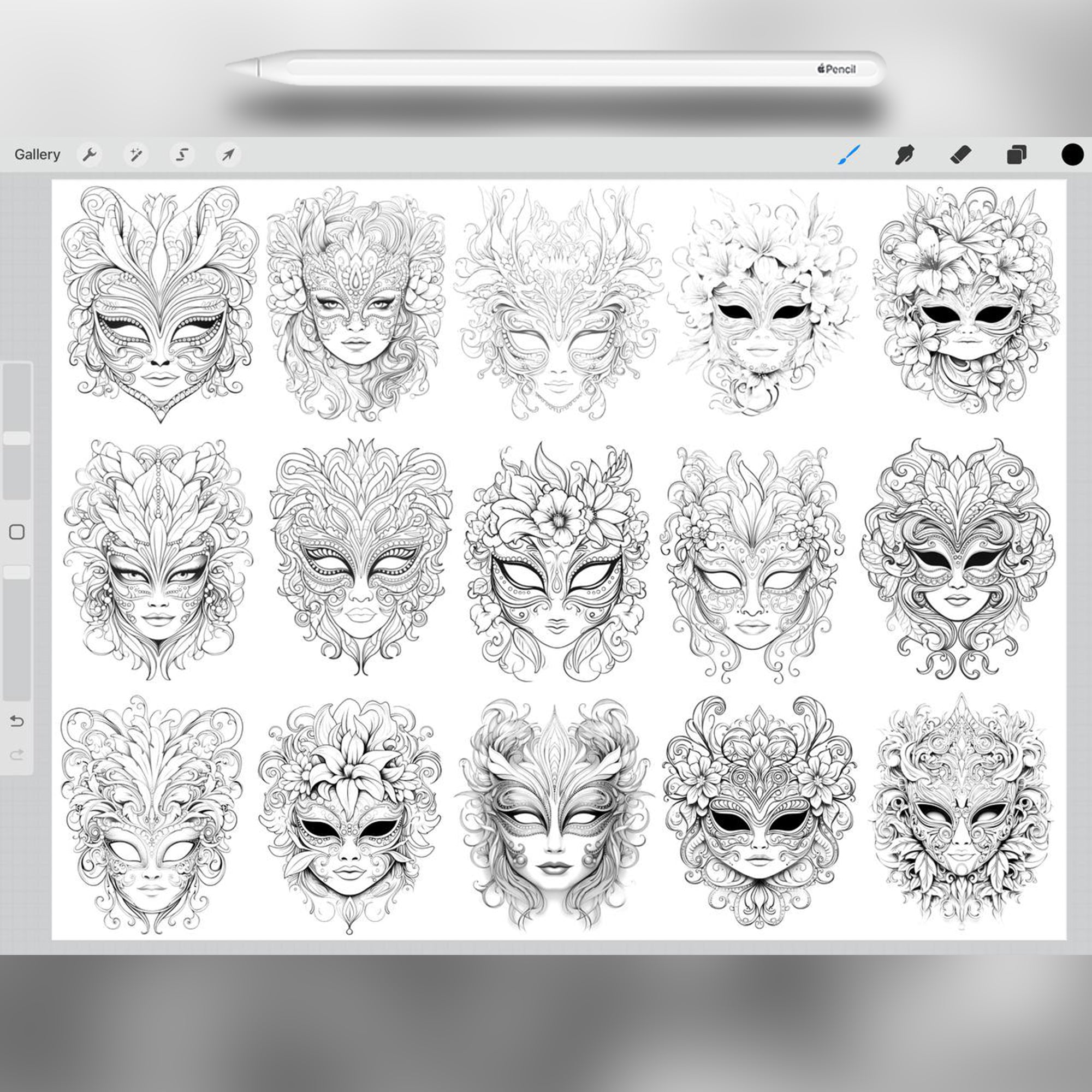 30 Masquerade Mask Stamp Brushes for Procreate and Photoshop
