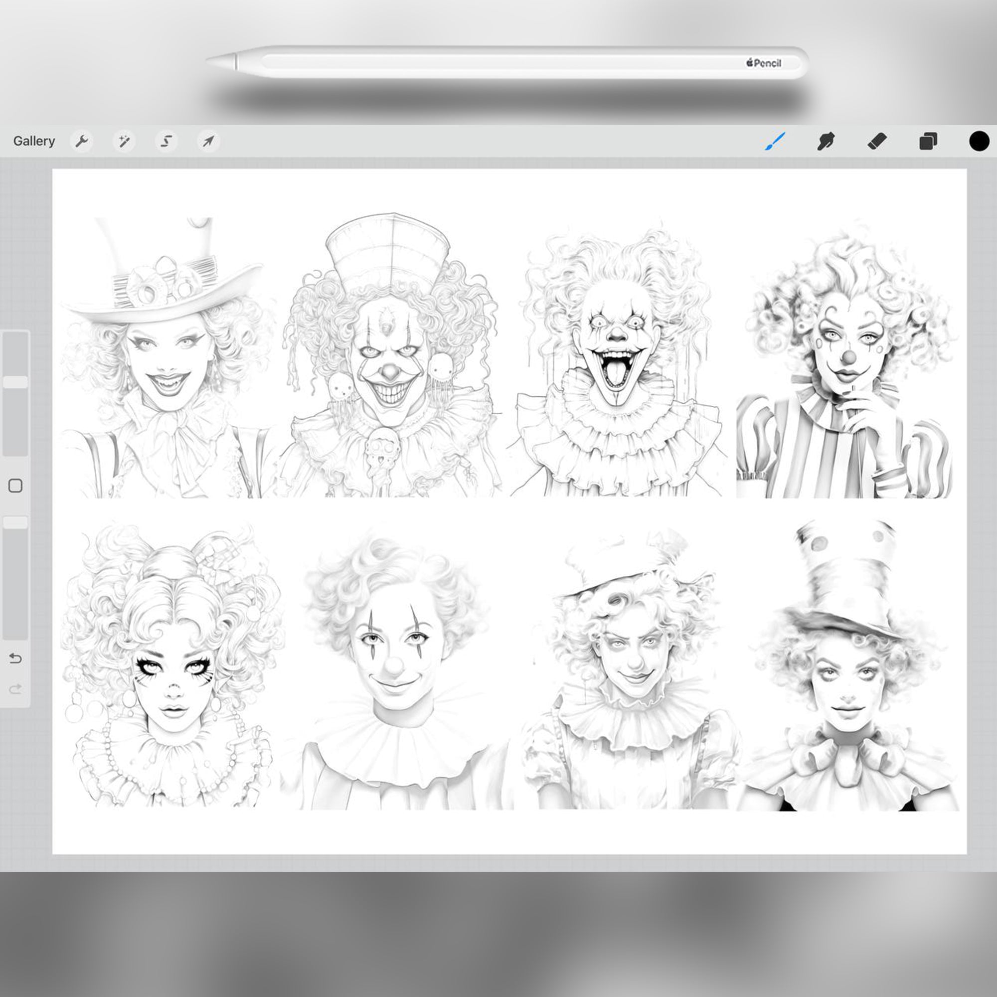 30 Spooky Clown Beauties Halloween Stamp Brushes for Procreate and Photoshop