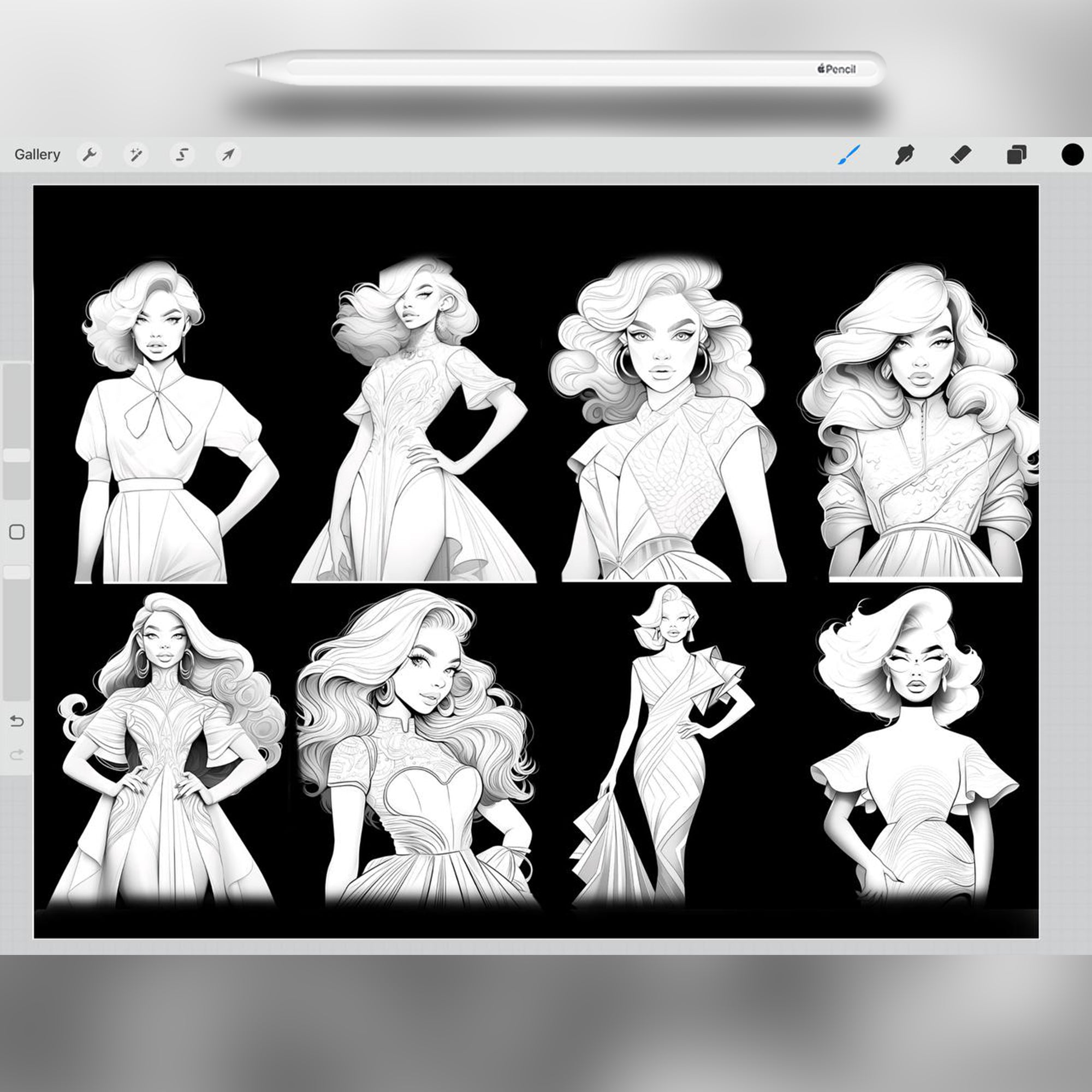 70 Retro-futurism Fashion Style Girls Stamp Brushes for Procreate and Photoshop