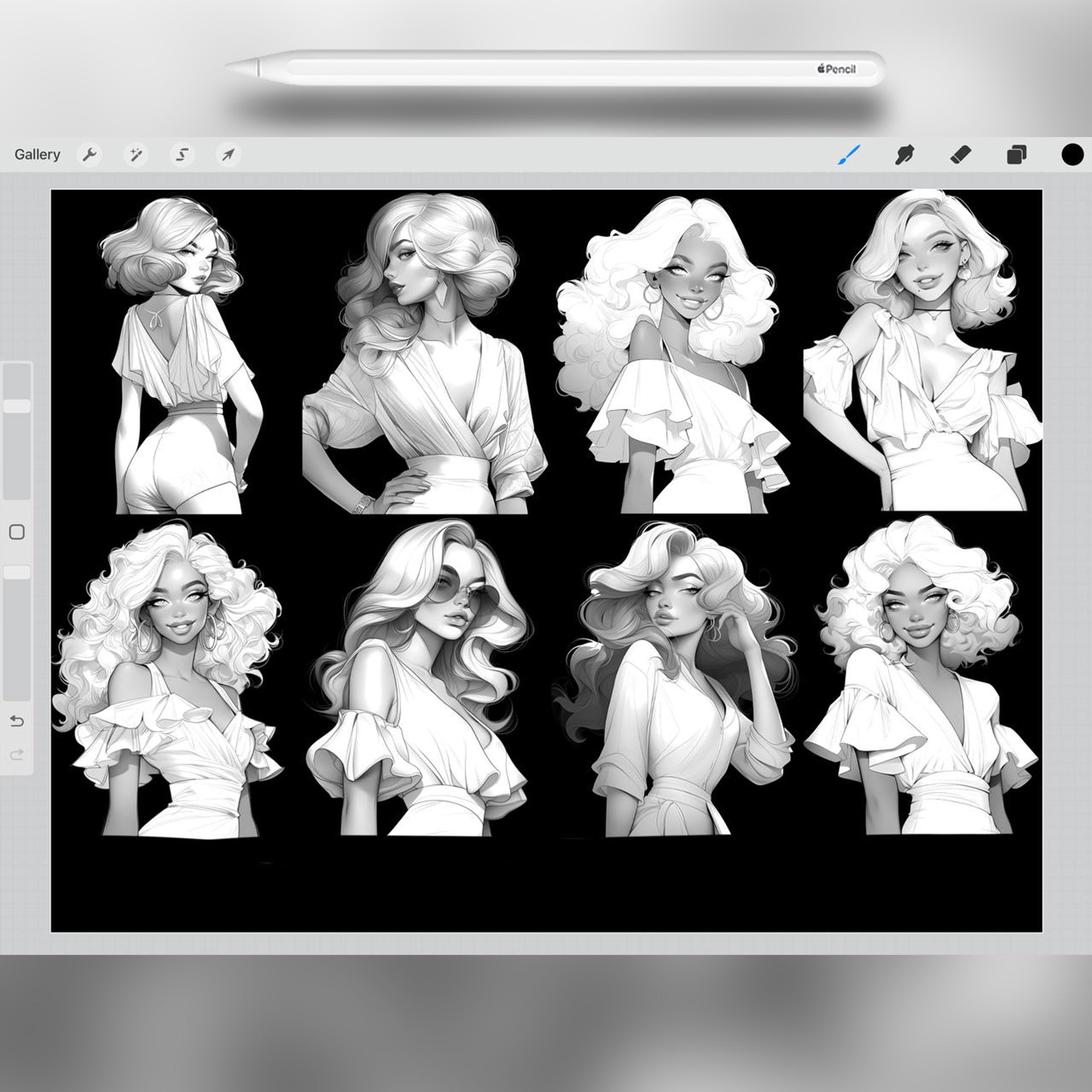 36 Beauties Stamp Brush with black background Brushes for Procreate and Photoshop