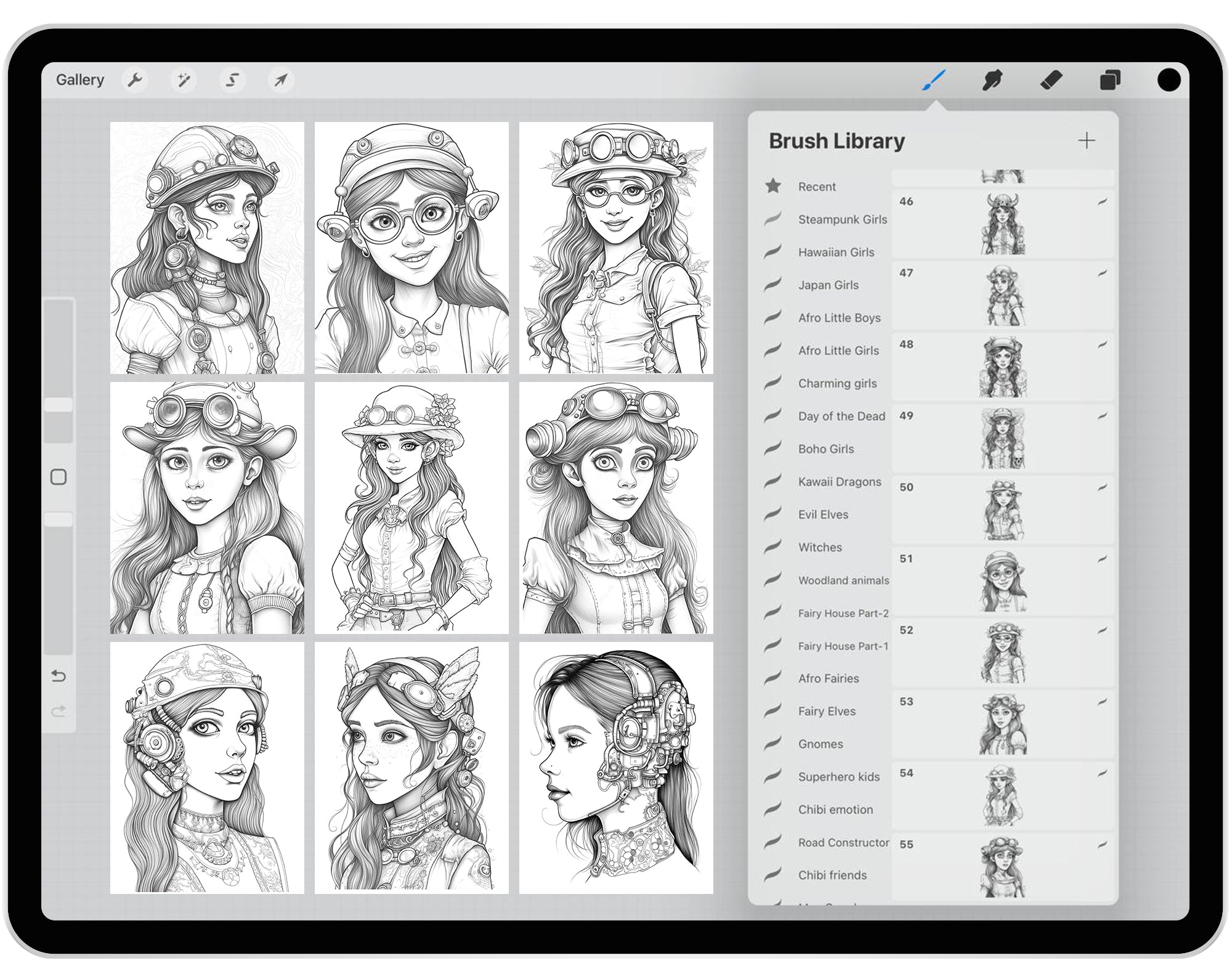 55 Steampunk Girls Brushes for Procreate and Photoshop