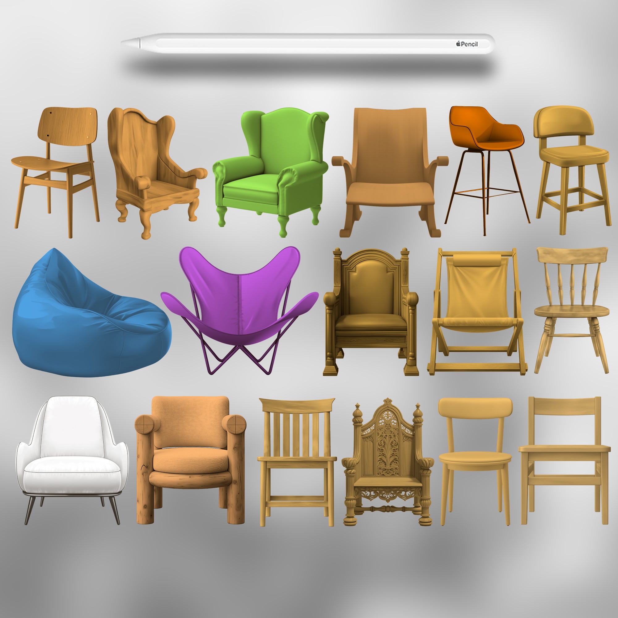 110 Procreate 2D Chairs Stamp Brushes