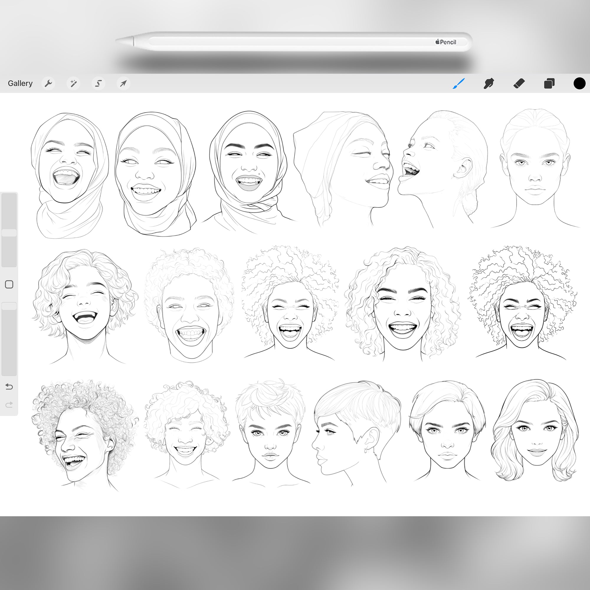 110 Procreate Female Head Stamps Part -1 Brushes