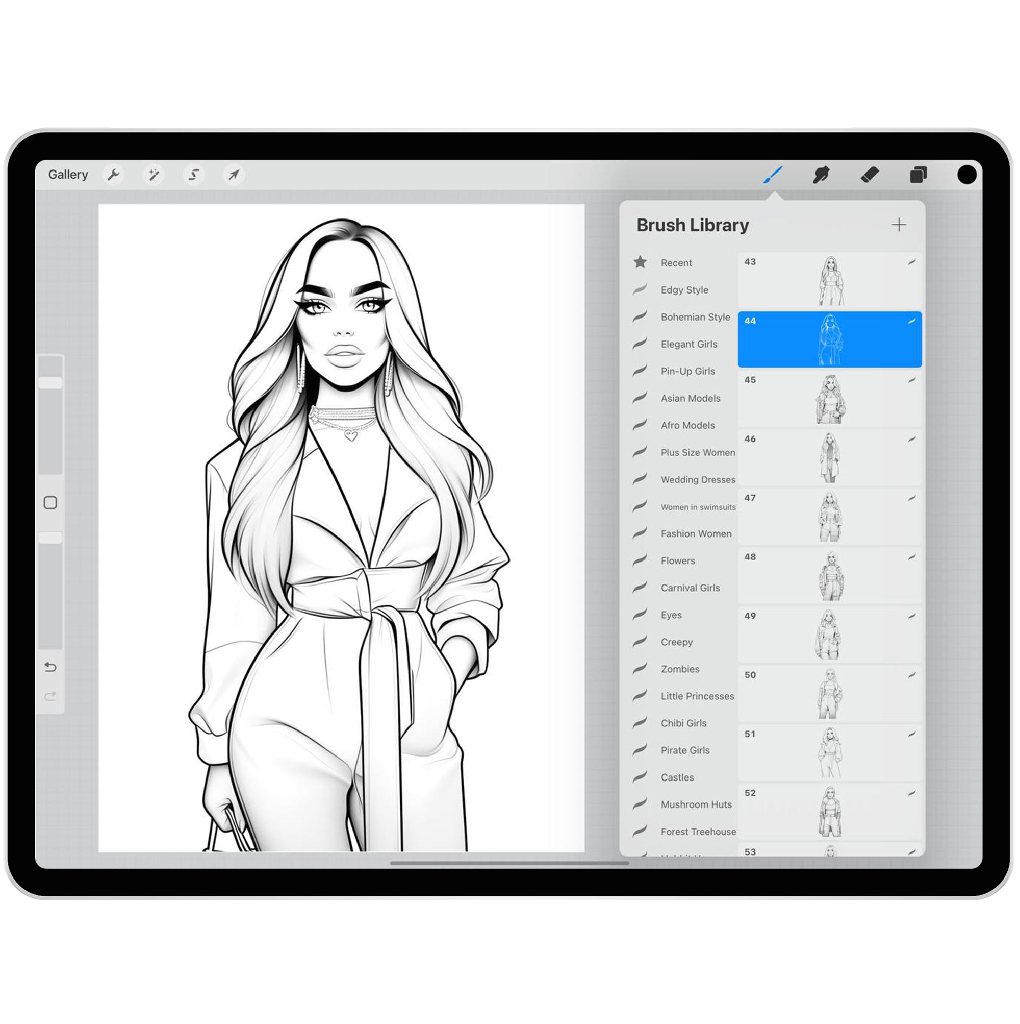 60 Beautiful Girls wearing Edgy Style Stamp Brushes for Procreate and Photoshop