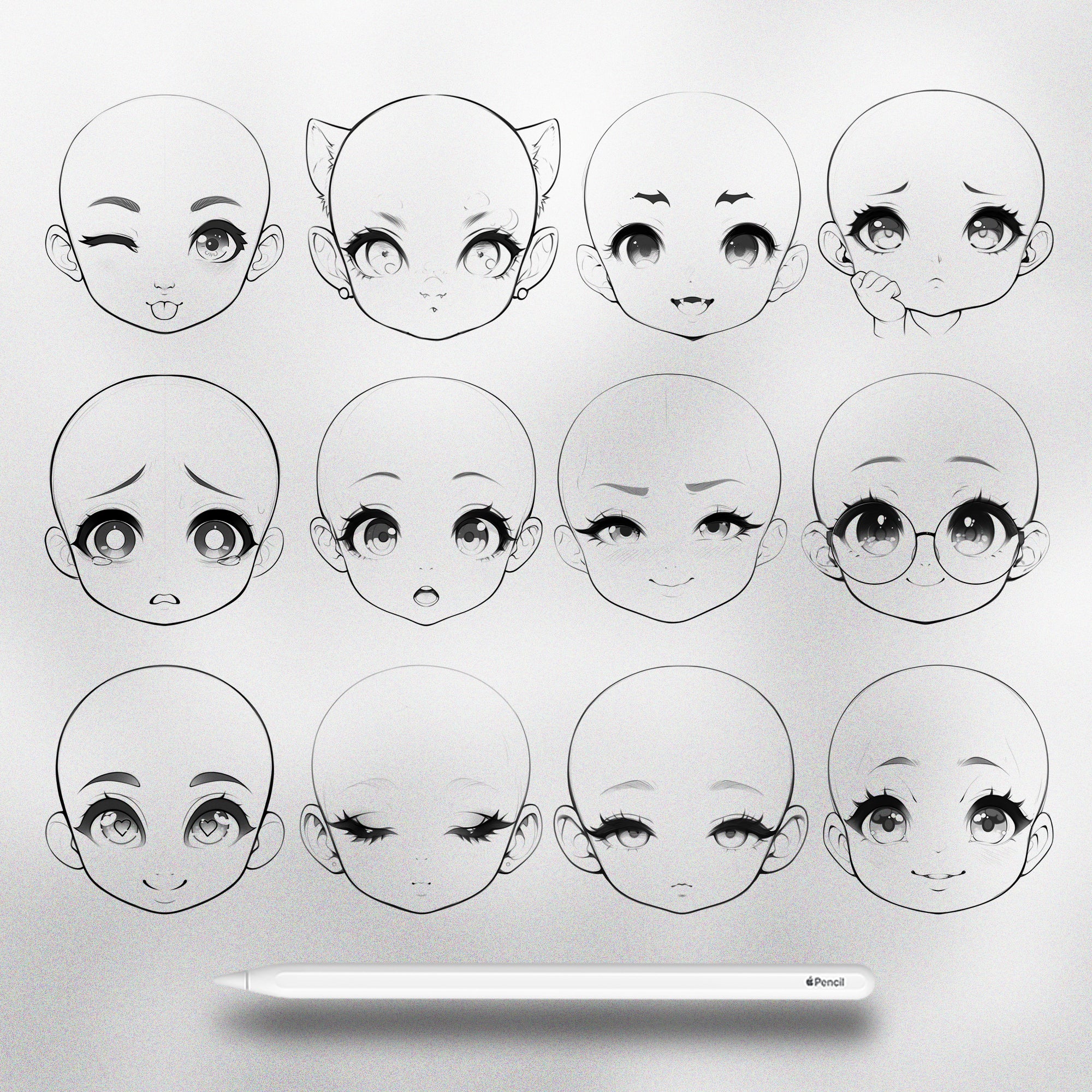 120 Procreate Chibi Girls Head Stamps