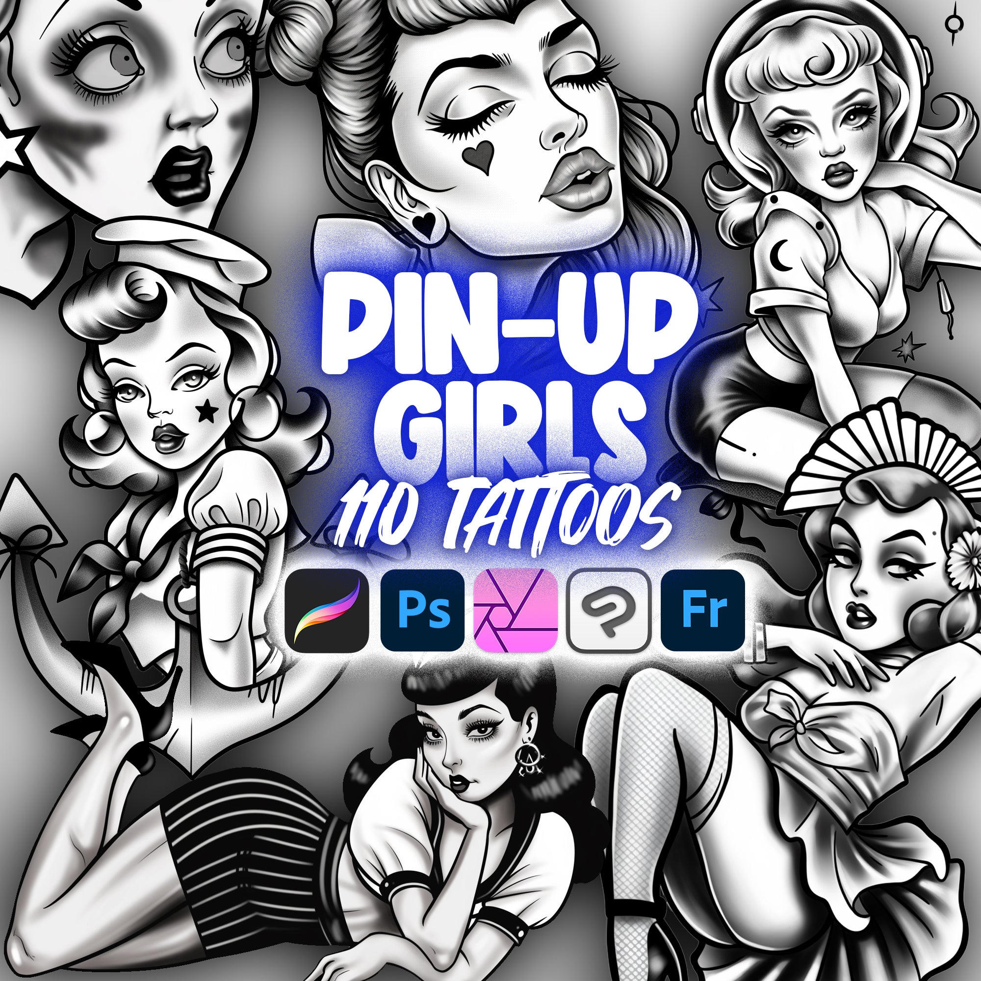 110 Procreate Pin-up Ladies Tattoo Stamps | Photoshop Neo-traditional Pin up Women Tattoo | Clip Studio Paint Girls Face Tattoo