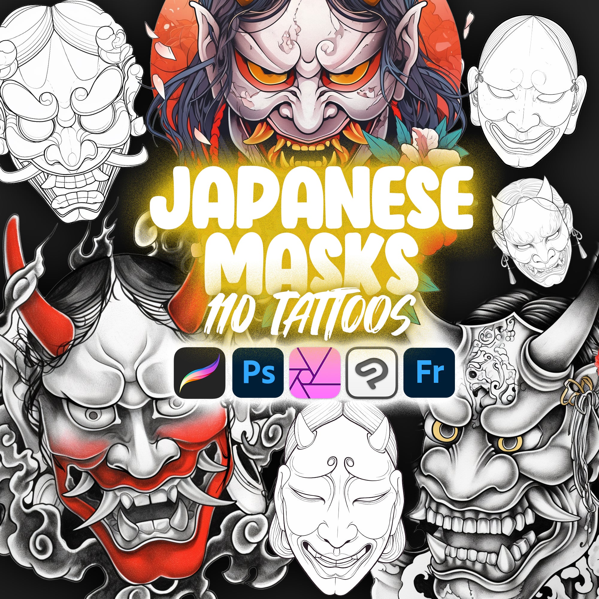 110 Japanese Masks Tattoo Stamps Brushes for Procreate and Photoshop