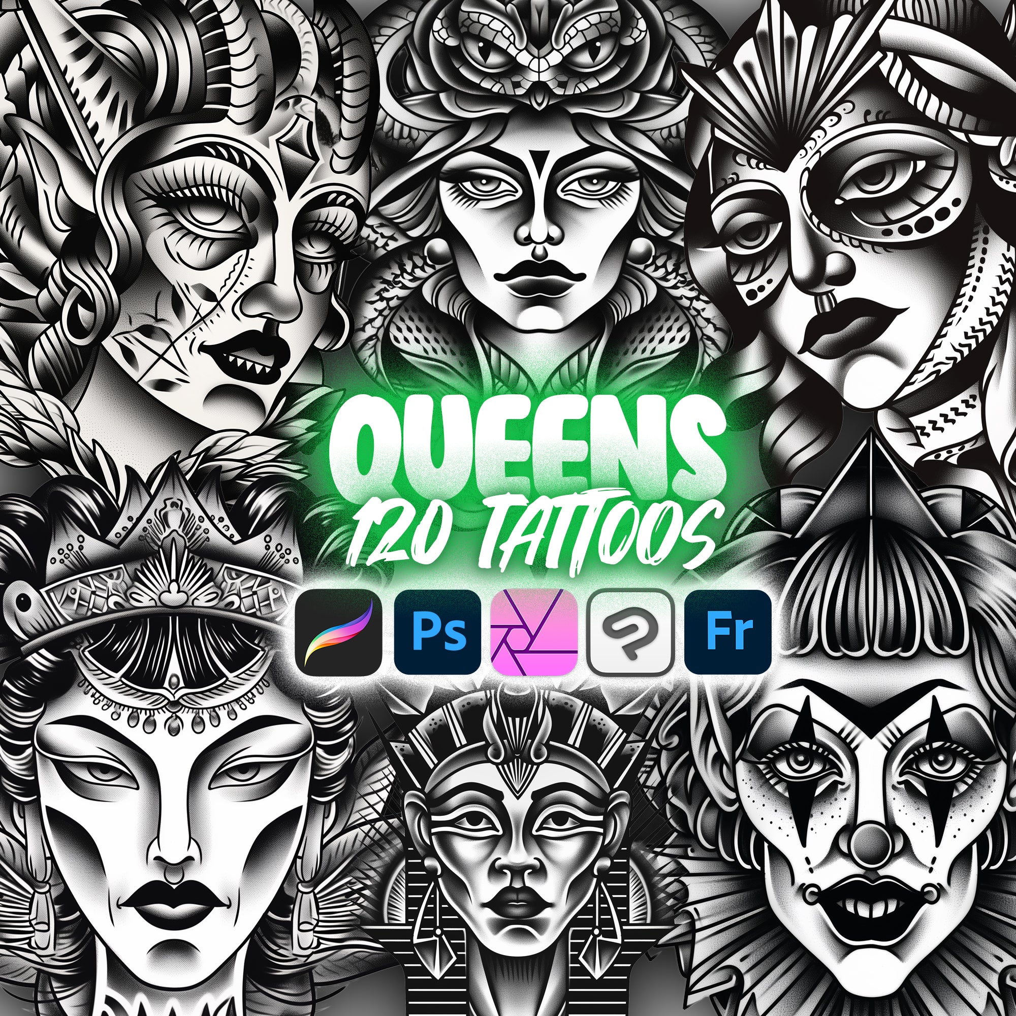 120 Procreate Queens Tattoo Stamps | Photoshop Fantasy Tattoo | Procreate Tattoo Designs | Procreate Women Tattoo | Tattoo Templates