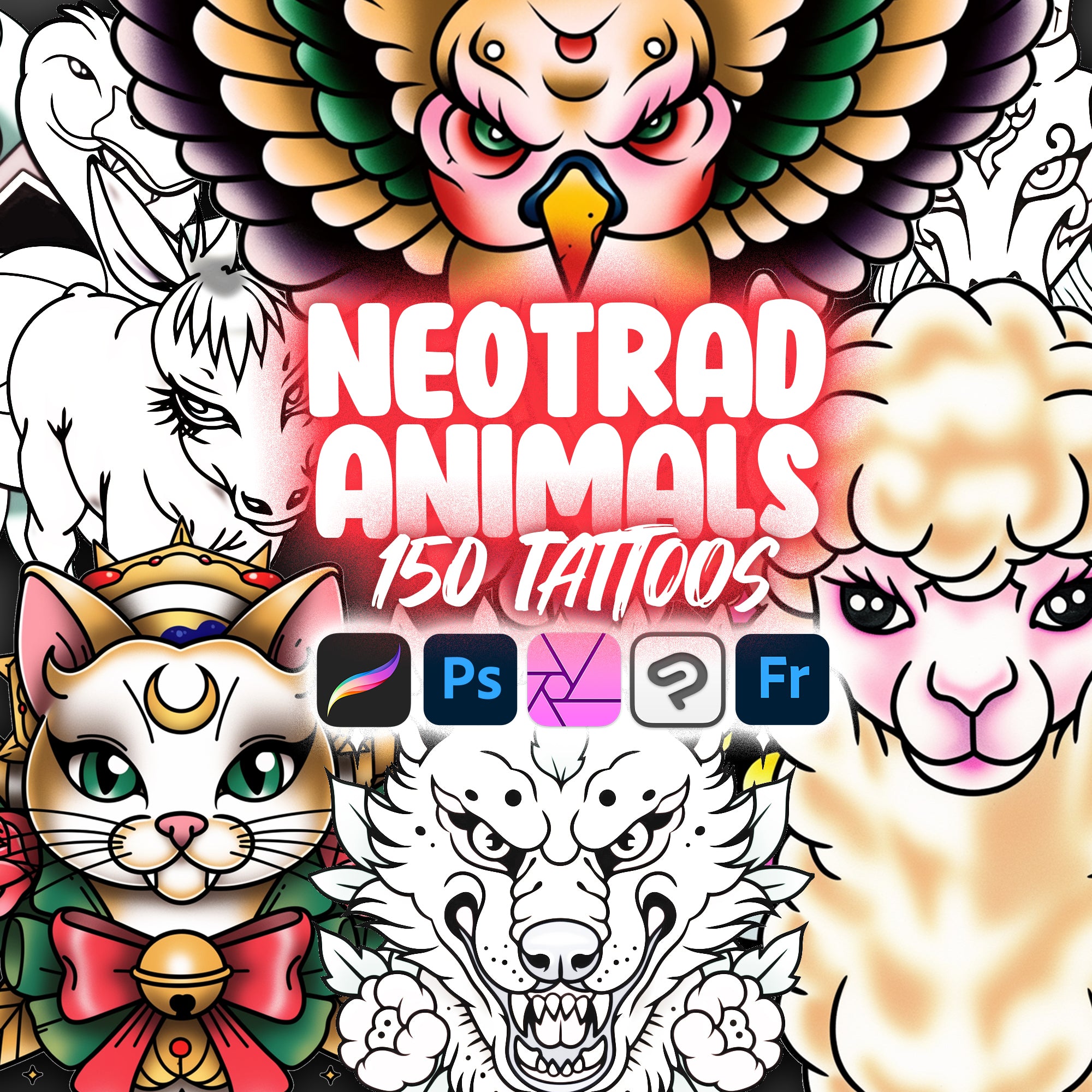 150 Procreate Neo Traditional Animals Tattoo Stamps | Photoshop Neo Traditional Animals Tattoo Stamps | Clip Studio Paint Animals Tattoo