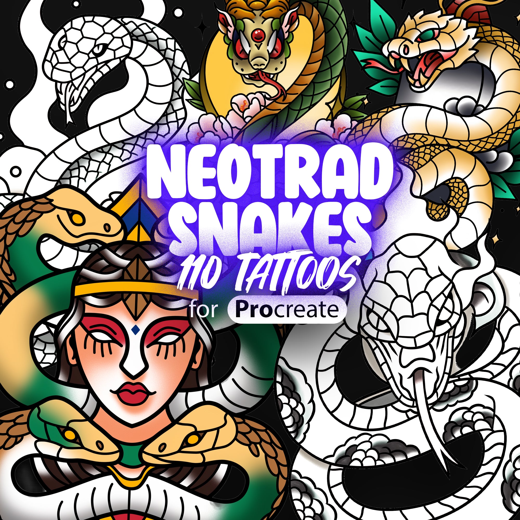 110 Neo-traditional Snakes Tattoo Stamps for Procreate and Photoshop