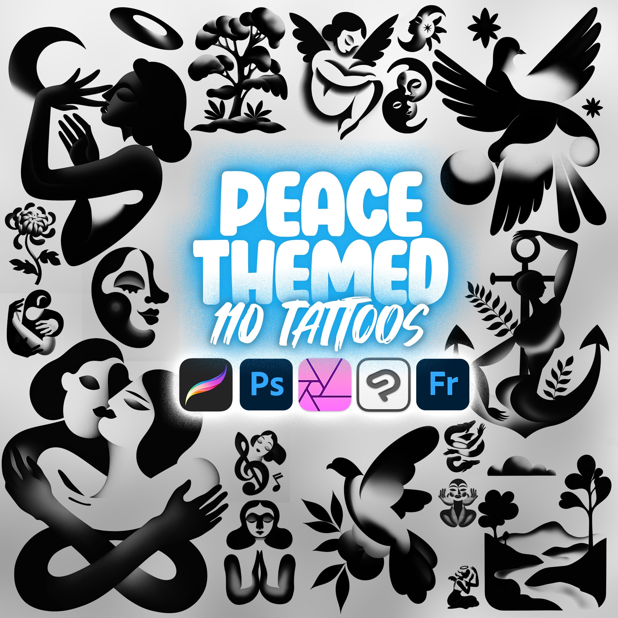 110 Peace Themed Tattoo Stamps for Procreate and Photoshop