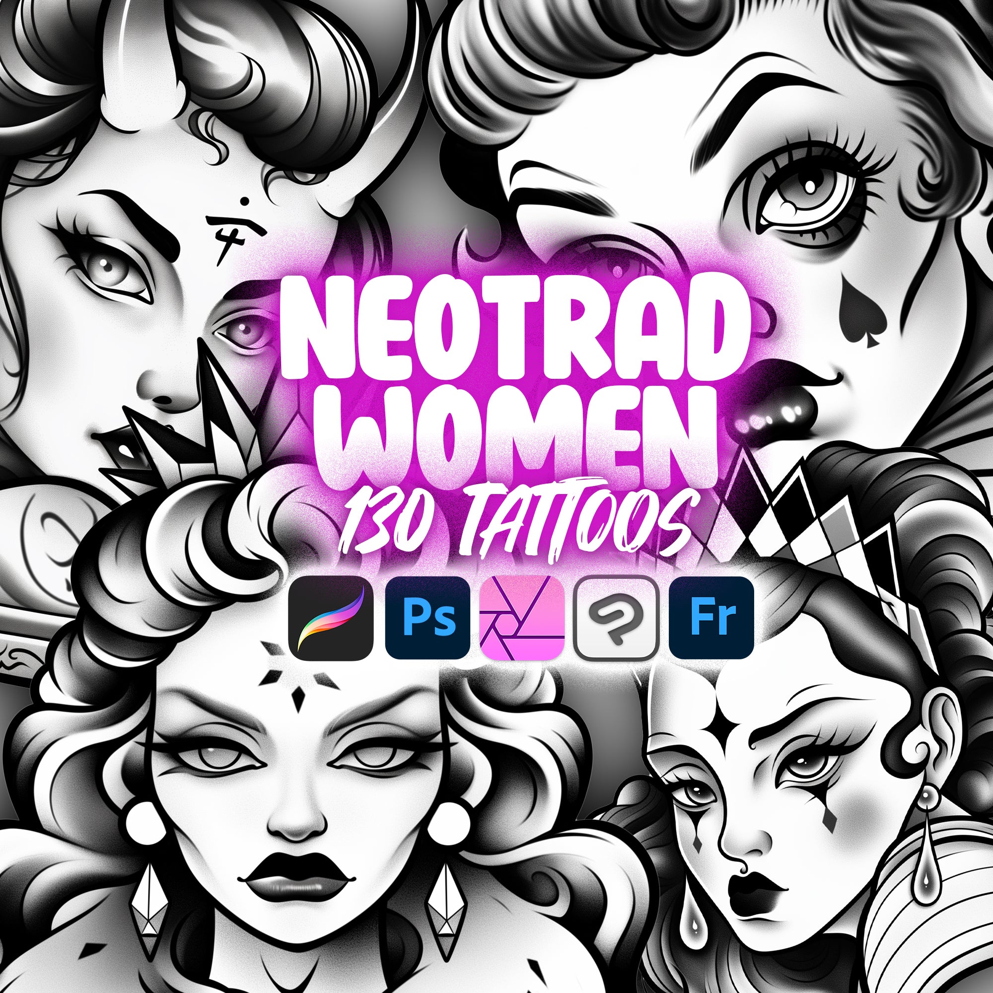 130 Neotraditional Women Tattoo Stamps Brushes for Procreate and Photoshop