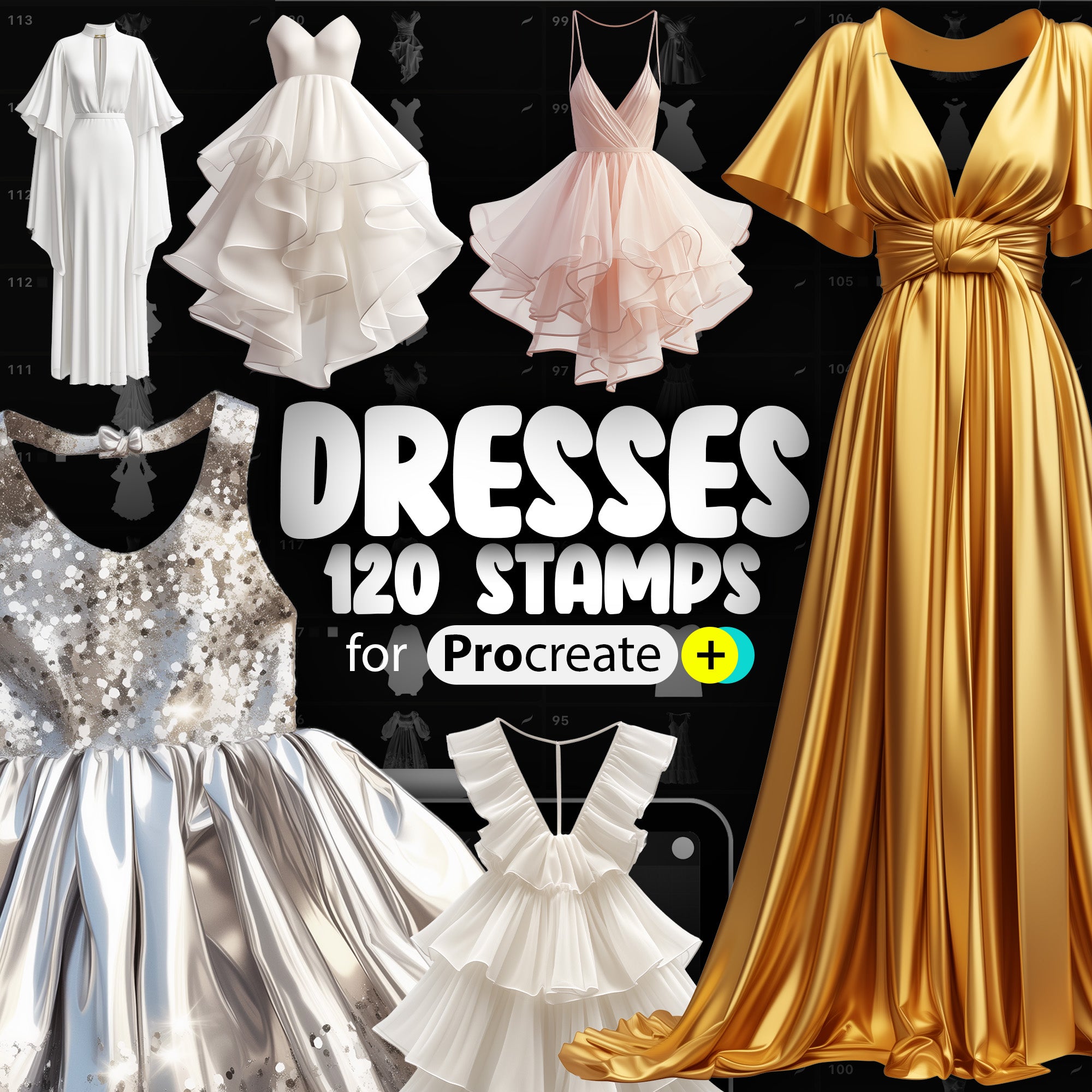 120 Procreate 2D Dresses Stamp Brushes