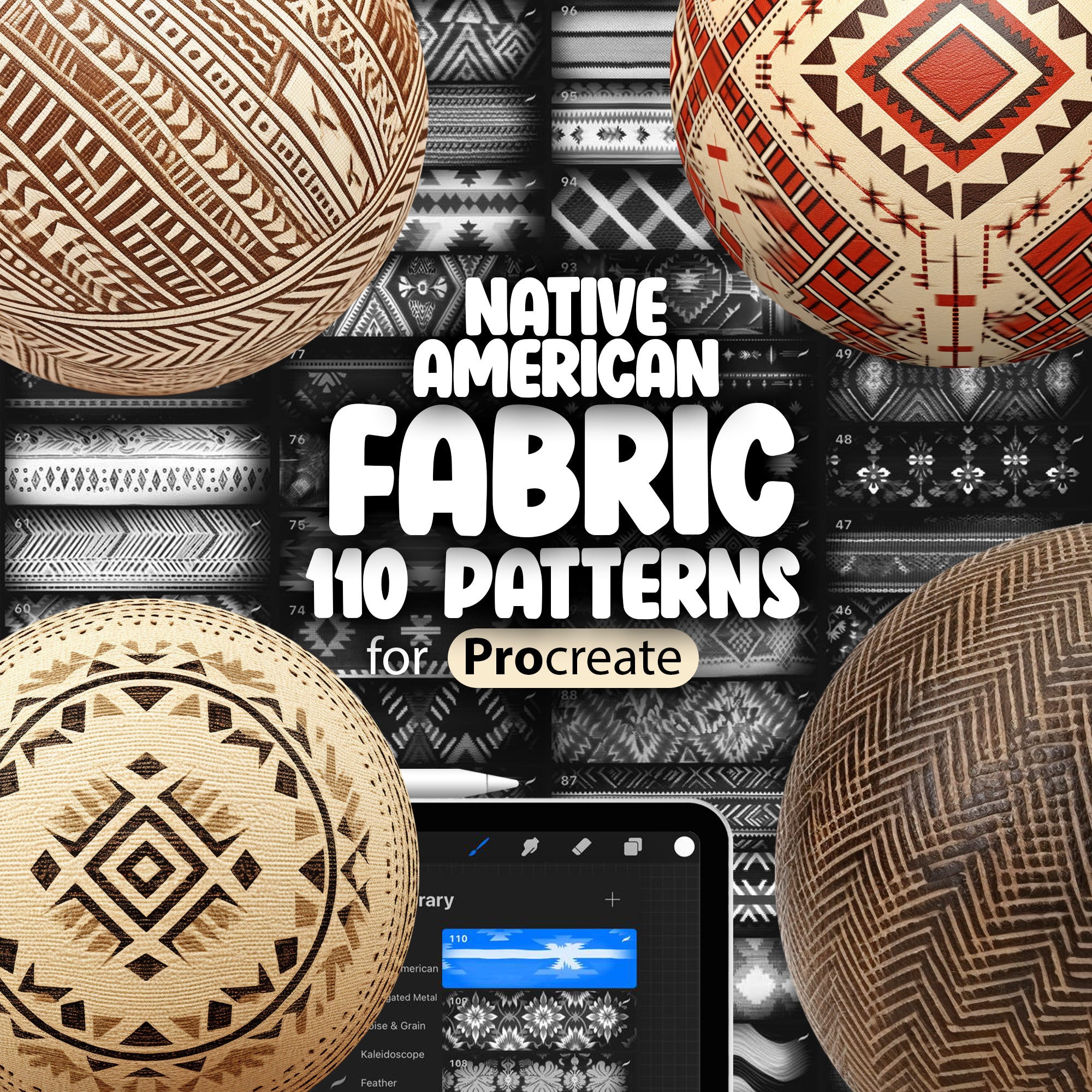 A collection of 10 different Native American fabric patterns for Procreate, displayed alongside examples of fabric with those patterns.