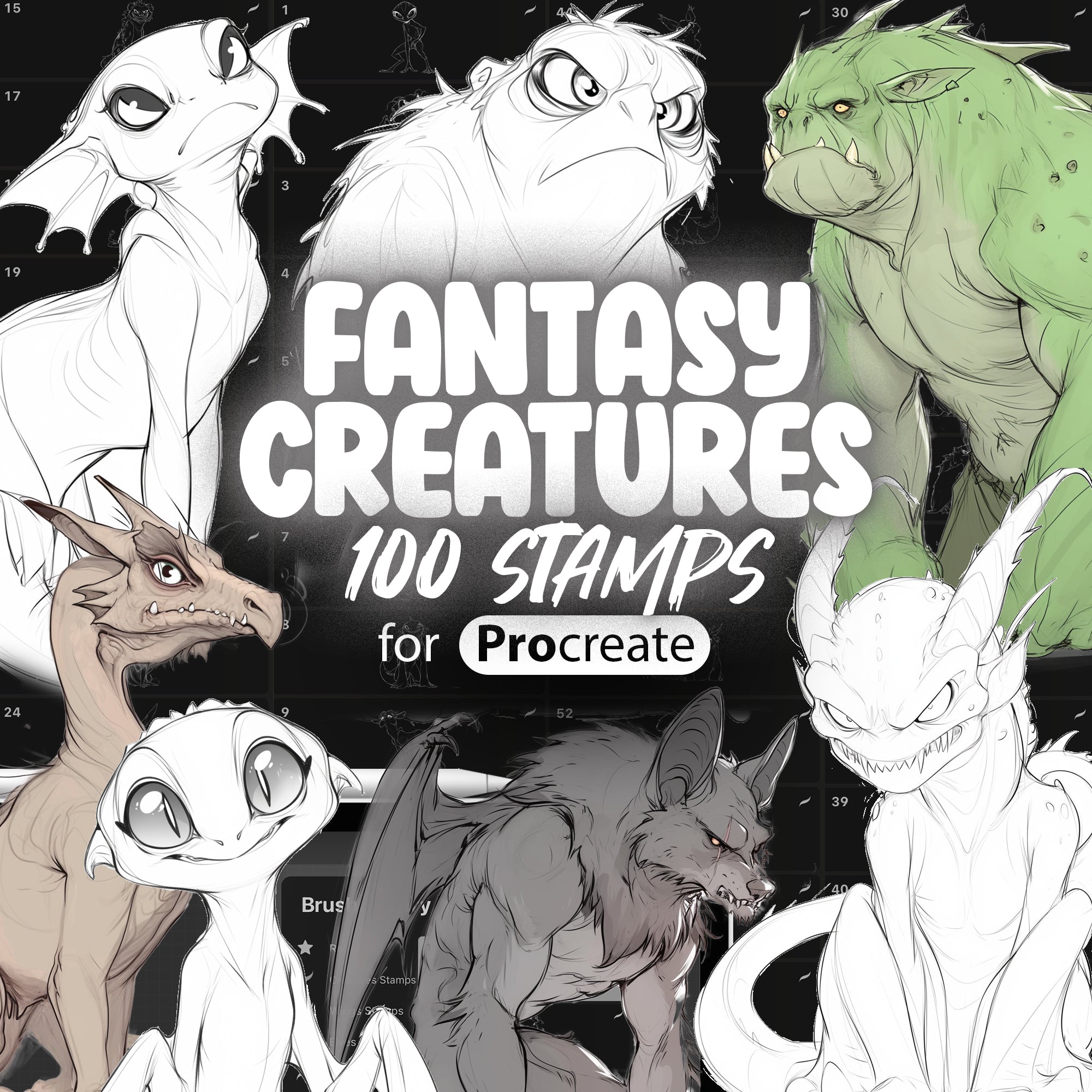100 Procreate Fantasy Creatures Stamps
