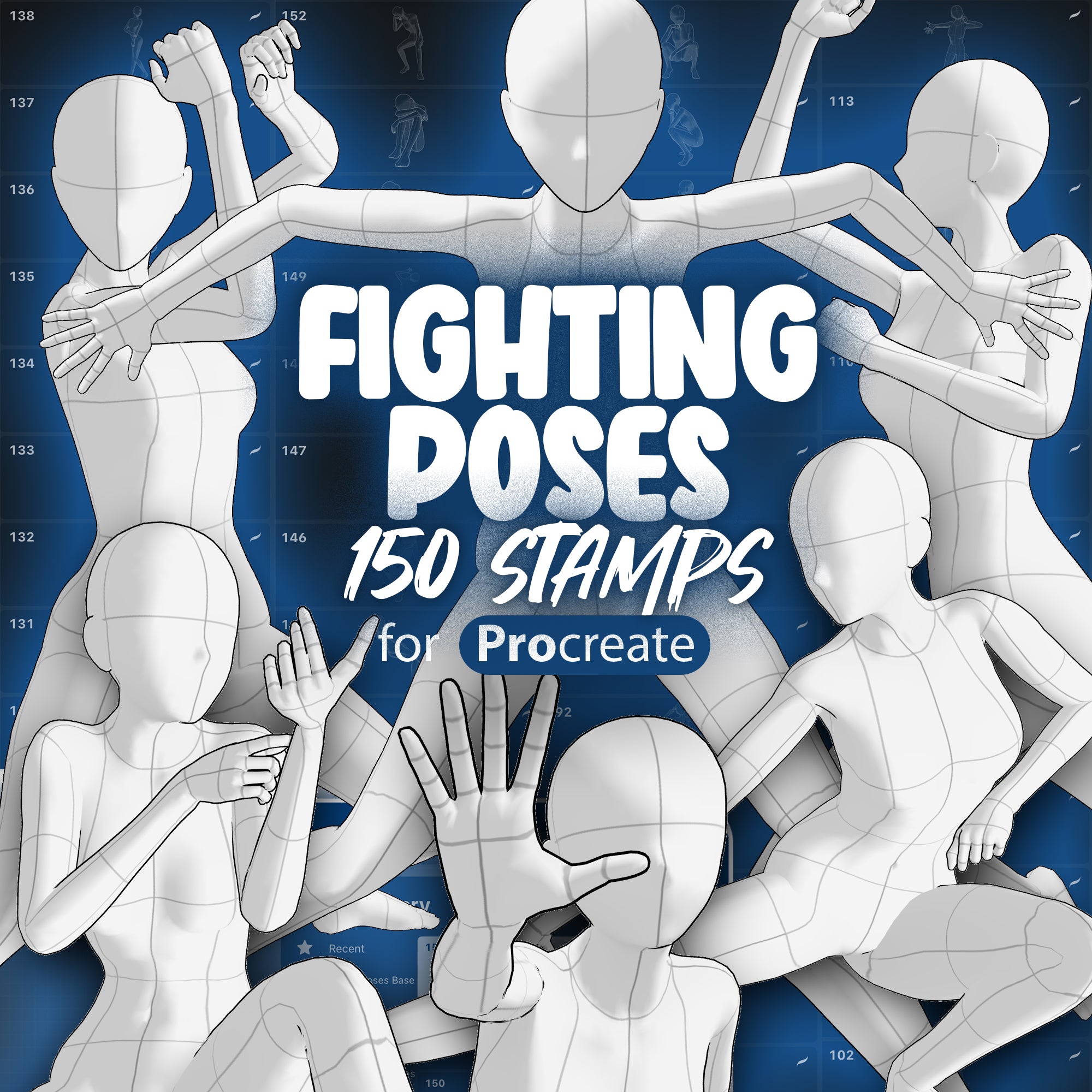 150 Manga Procreate Fighting Poses Stamp Brushes