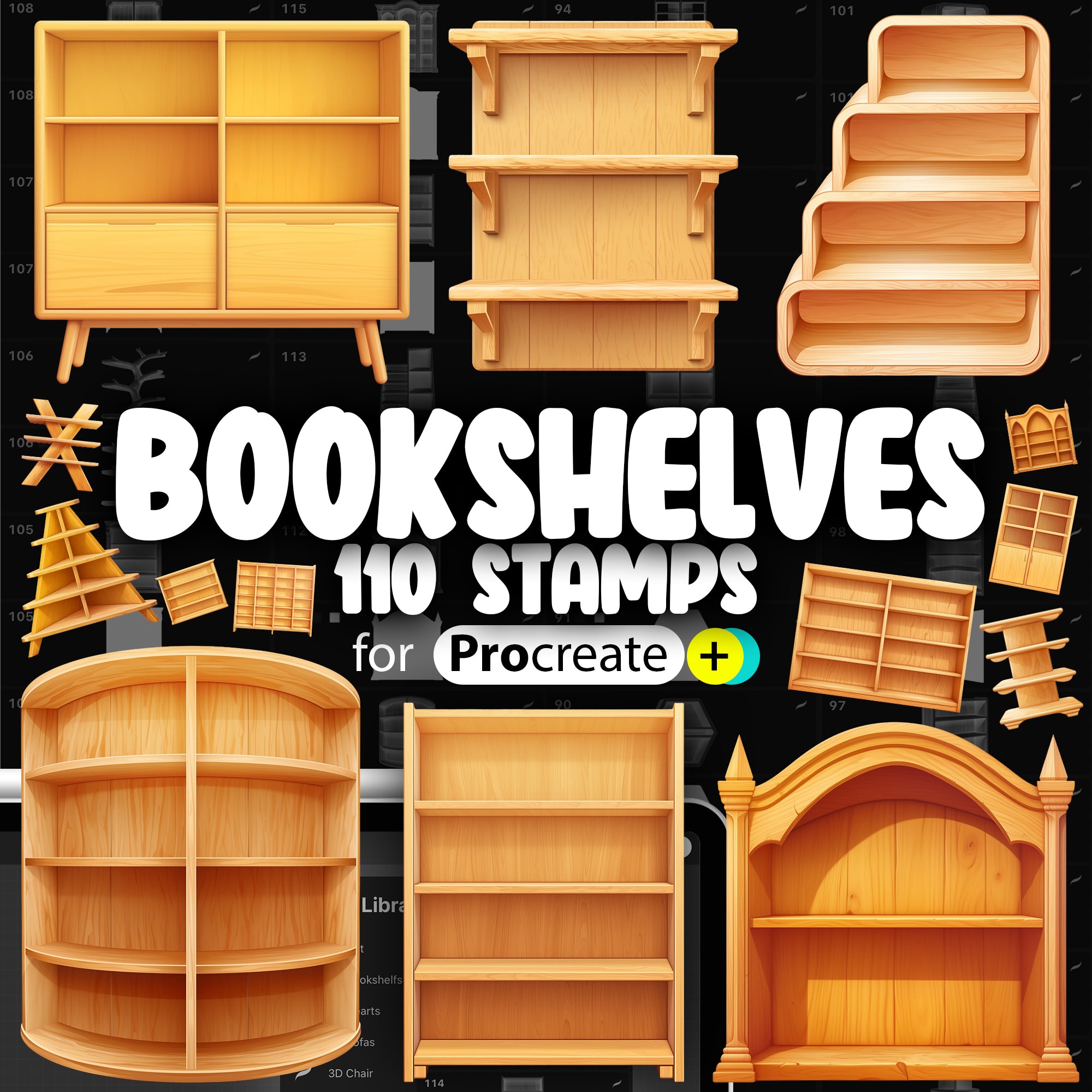 110 Procreate 3D Bookshelves Stamp Brushes | Procreate Bookshelf Stamps | Procreate Library Stamps | Procreate Shelf Stamps