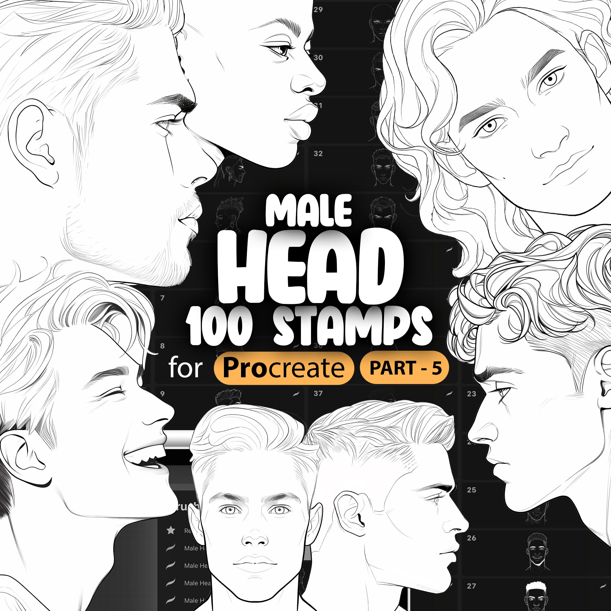 100 Procreate Male Head Stamps Part -5 Brushes