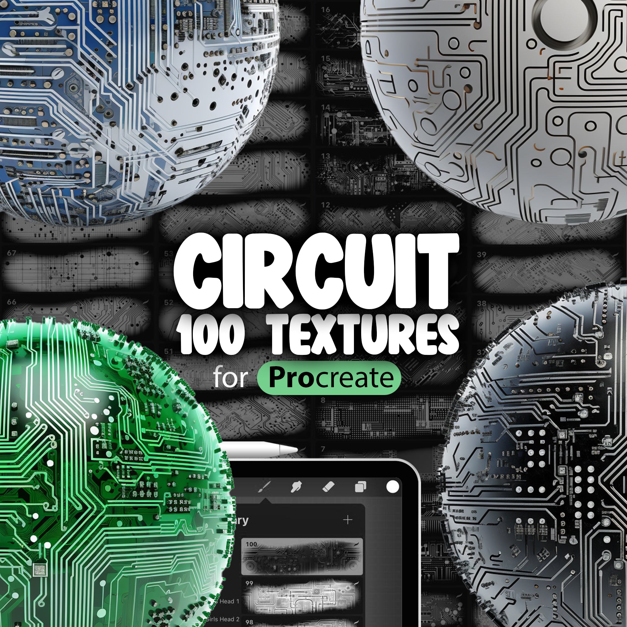 100 Procreate Circuit Textures, Procreate Classic Green PCB Texture Brush, Procreate Microprocessor Brush, Procreate Computer Board Brush