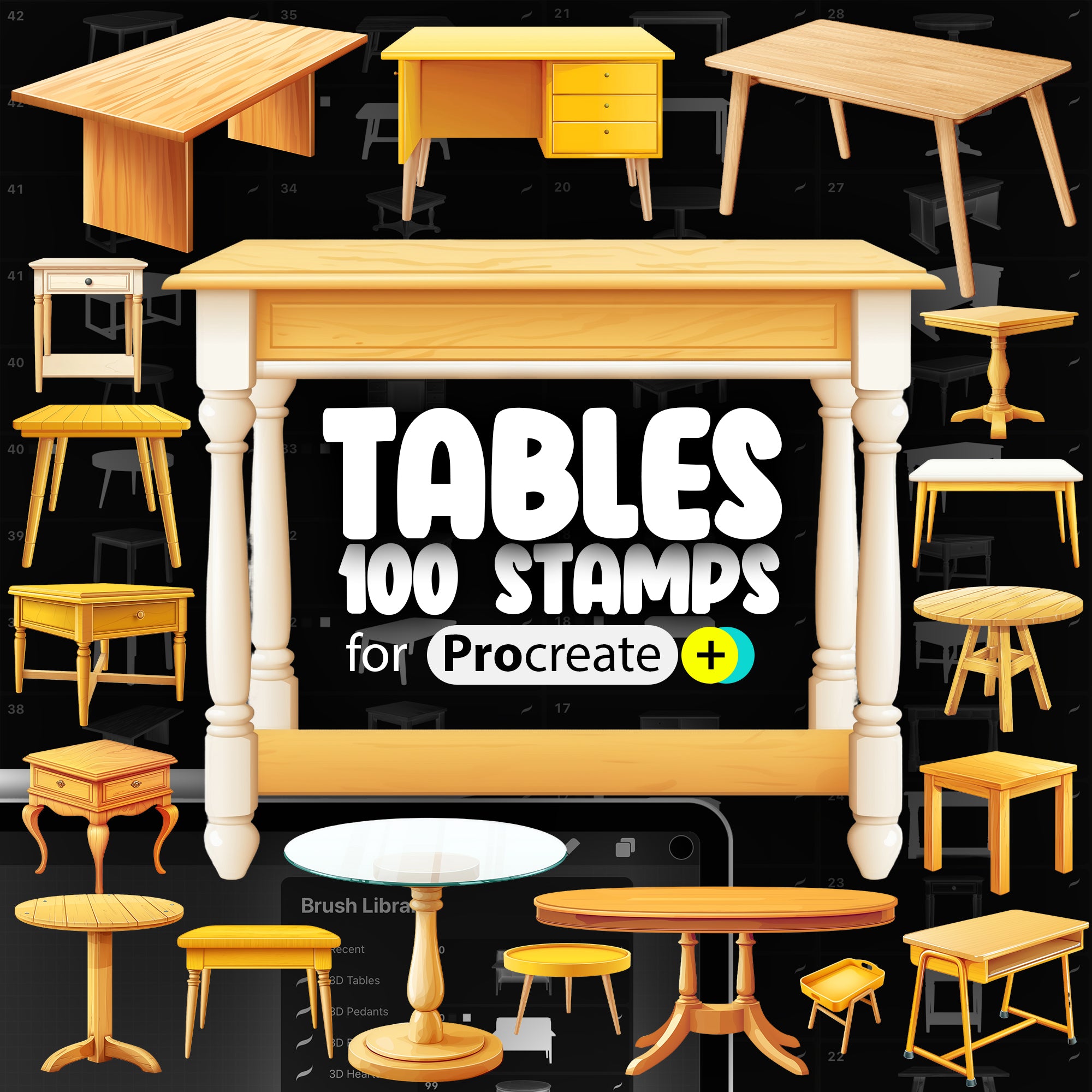 100 Procreate 2D Tables Stamp Brushes
