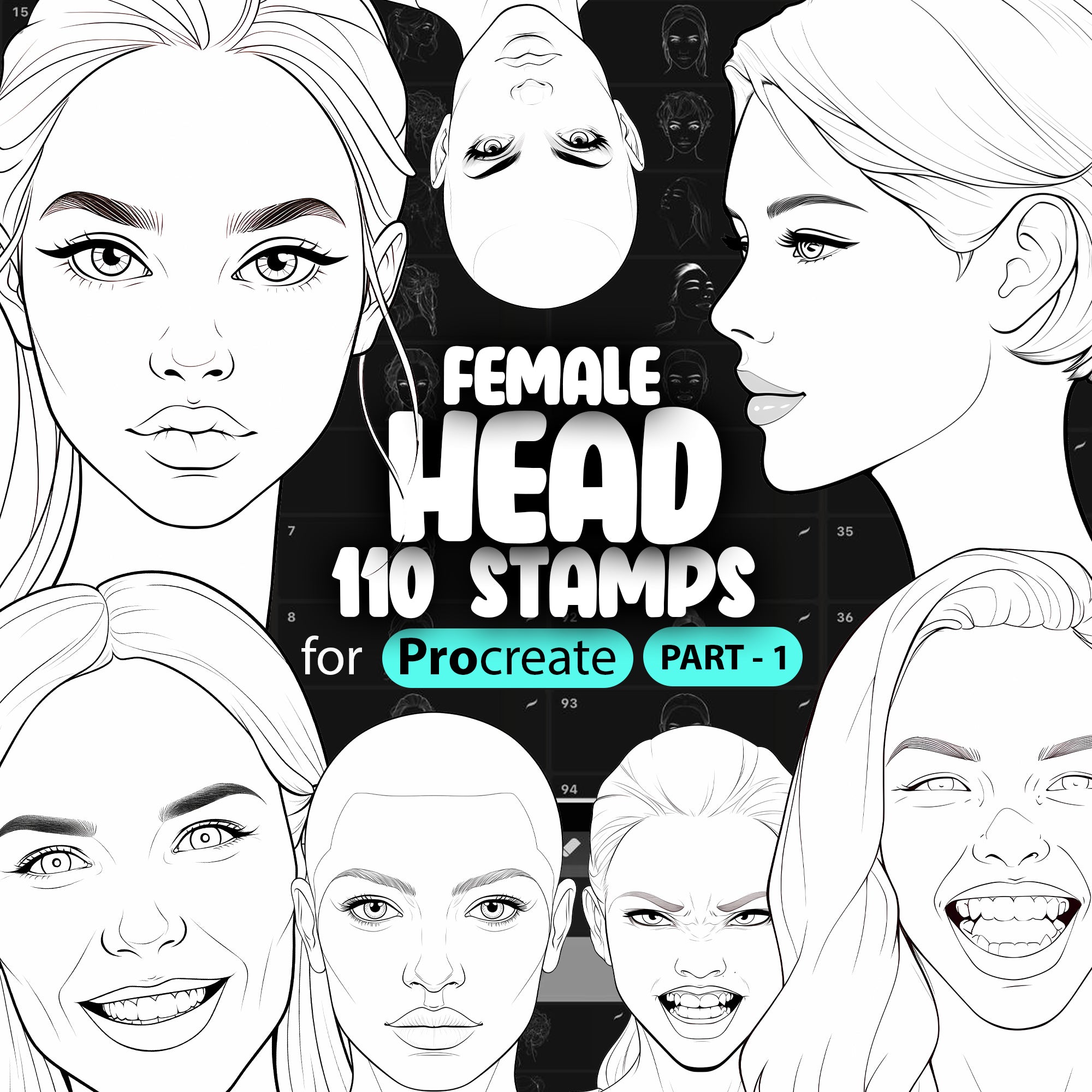 110 Procreate Female Head Stamps Part -1 Brushes