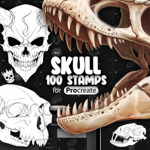 A collection of Procreate brushes for creating skull stamps, featuring various animal and human skull designs.