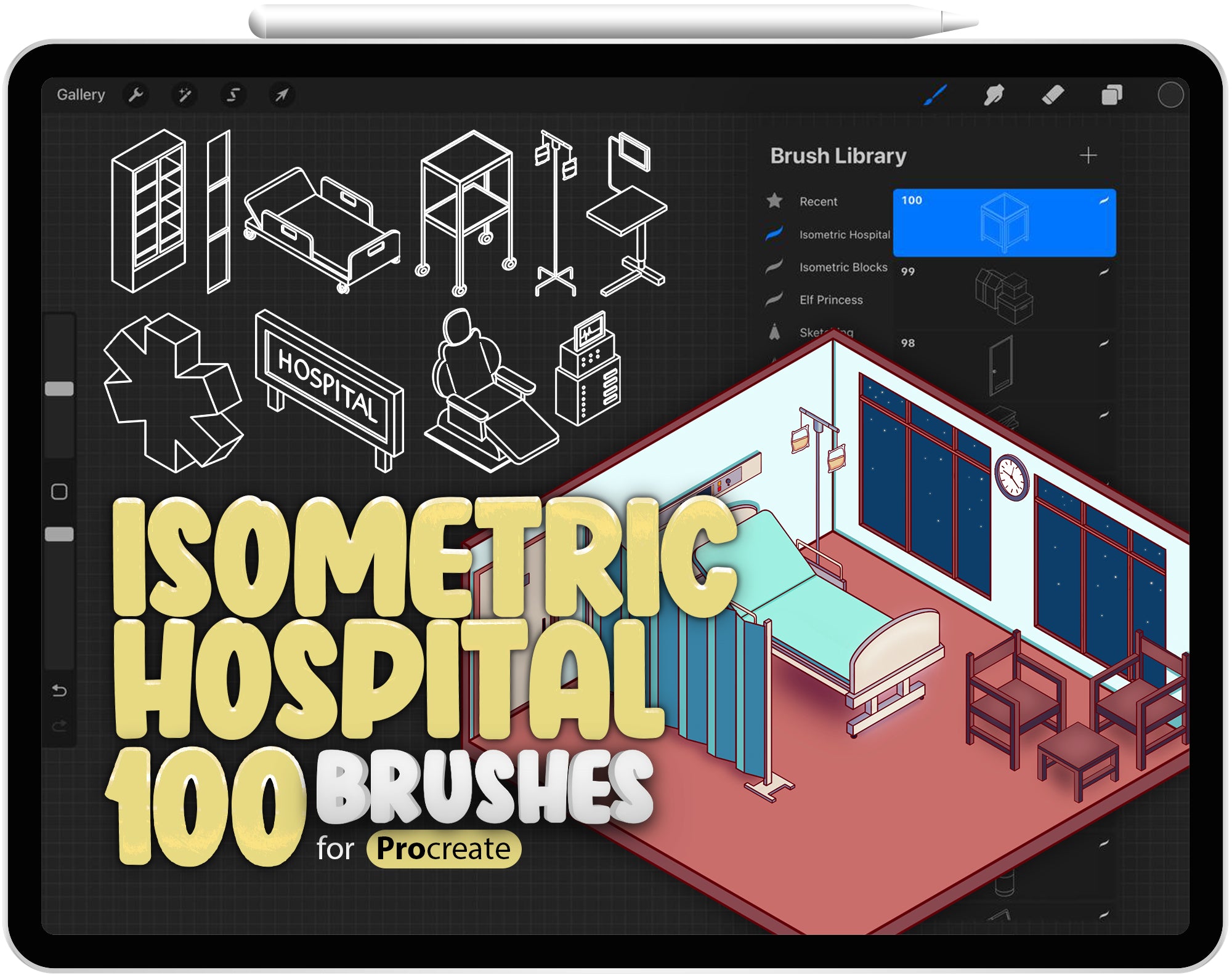 100 Isometric Hospital Brush for Procreate