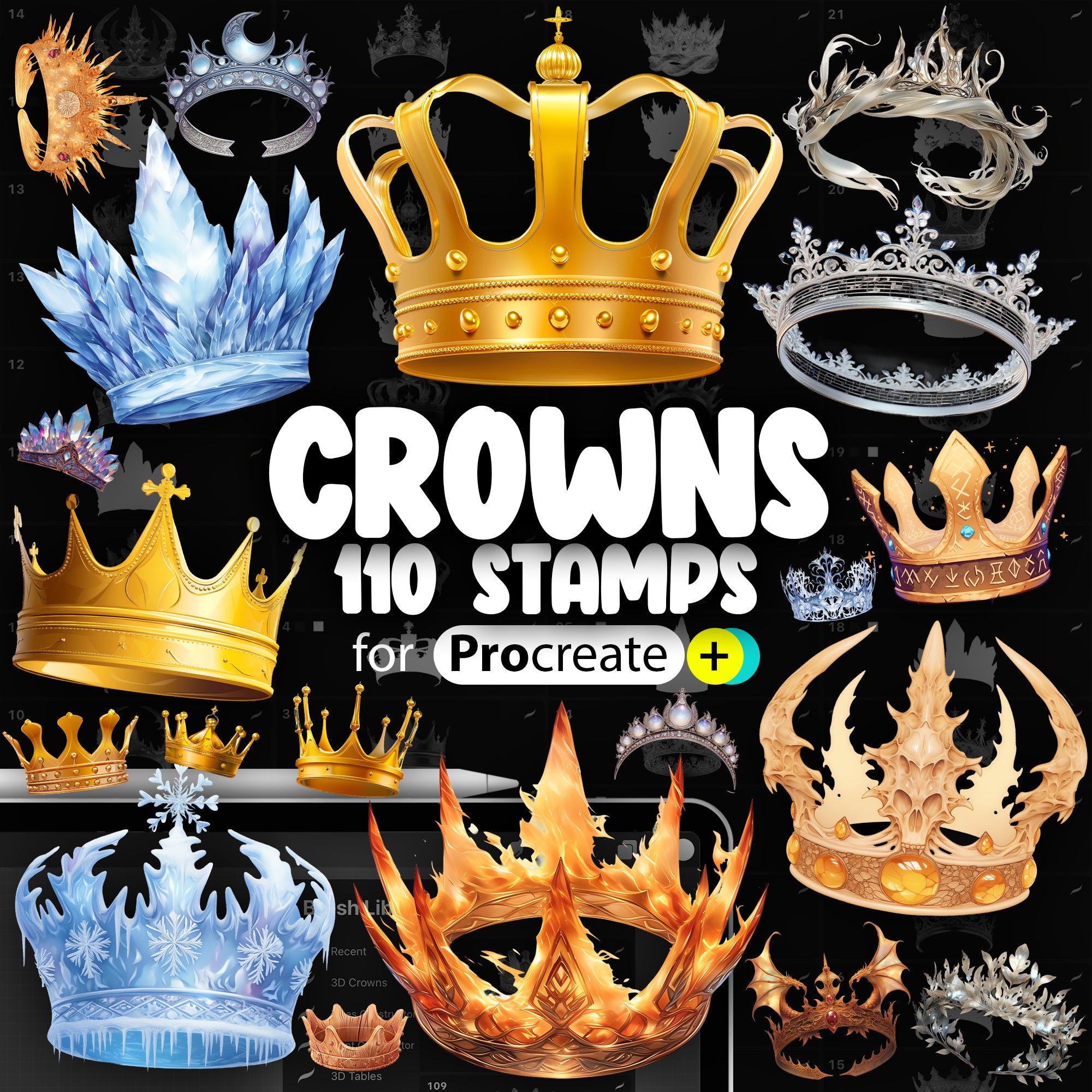 110 Procreate 2D Crowns Stamp Brushes