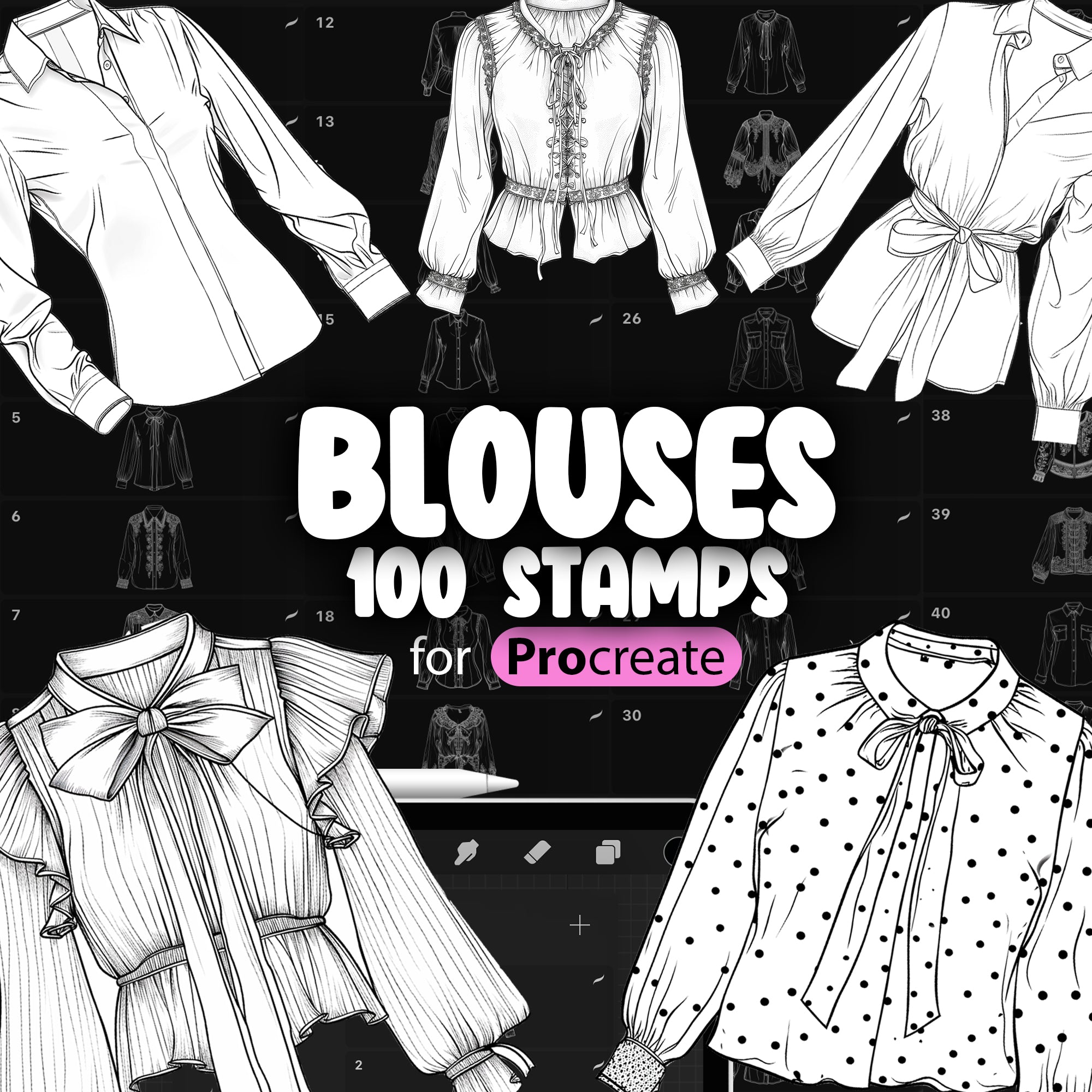 100 Procreate Blouses Stamp Brushes