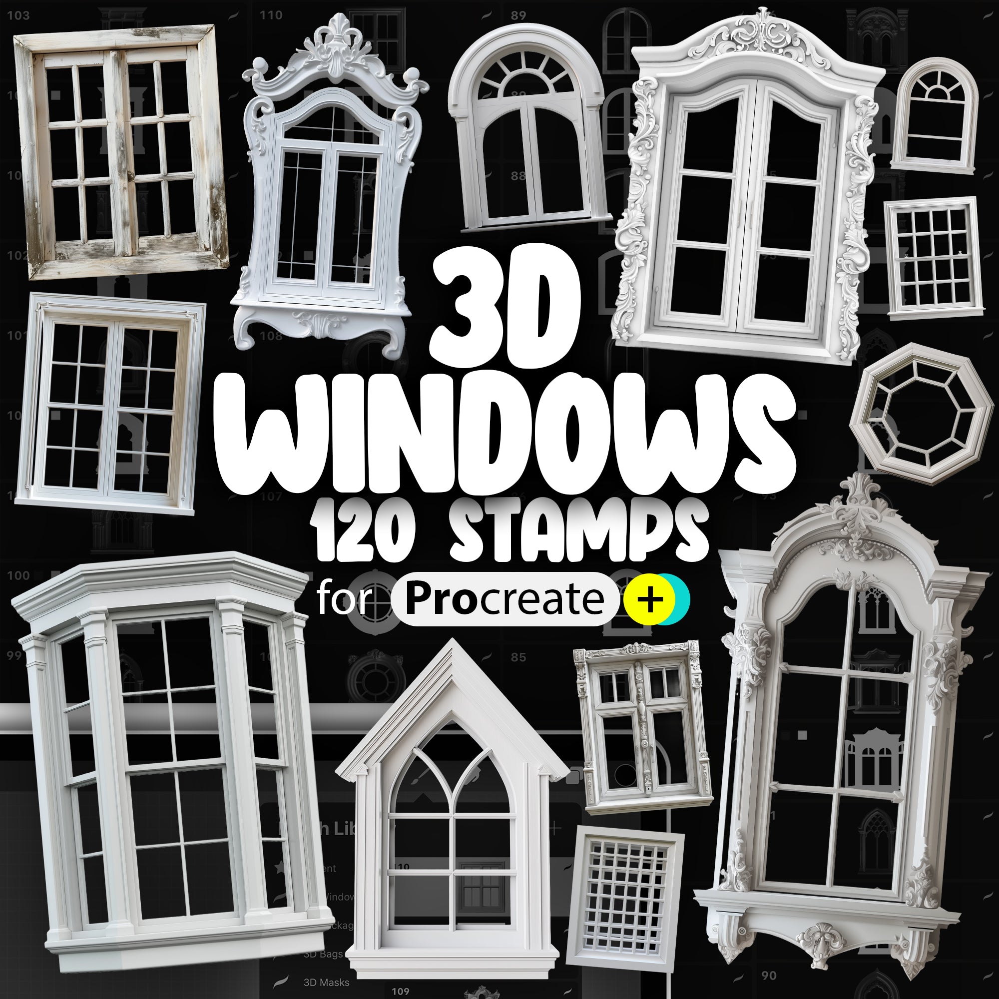 110 Procreate 3D Windows Stamp Brushes | Procreate Vintage Windows | Procreate Wooden Windows | Procreate Victorian Windows | Gothic Window
